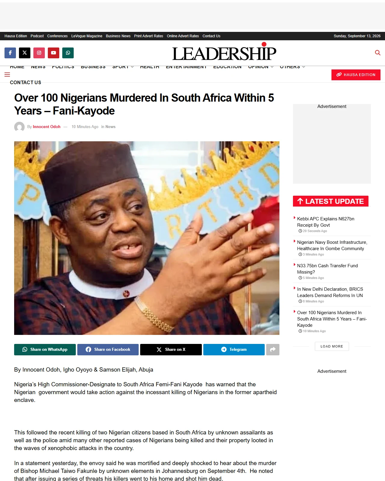 leadership.ng as published: Over 100 Nigerians Murdered In South Africa Within 5 Years – Fani-Kayode