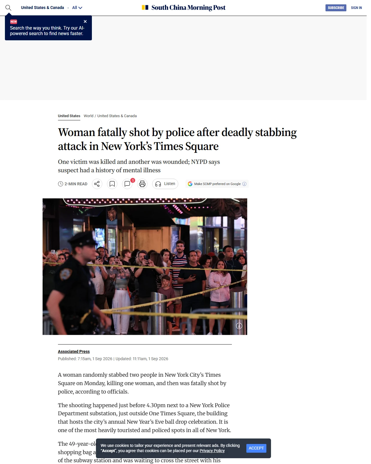 scmp.com as published: Woman fatally shot by police after deadly stabbing attack in New York’s Times Square
