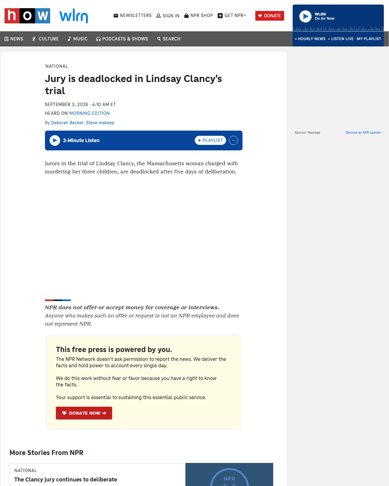 npr.org as published: Jury is deadlocked in Lindsay Clancy's trial