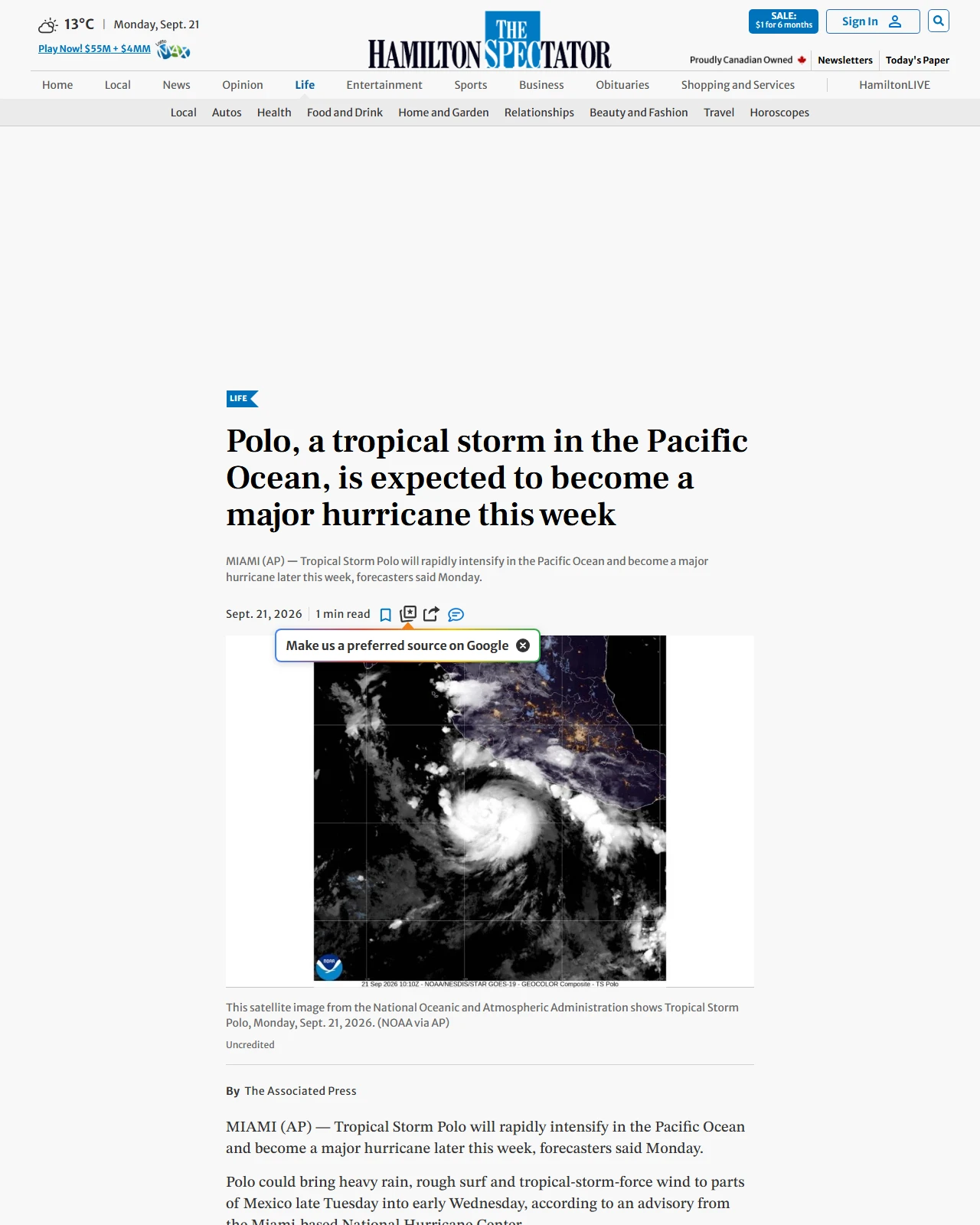 thespec.com as published: Polo, a tropical storm in the Pacific Ocean, is expected to become a major hurricane this week