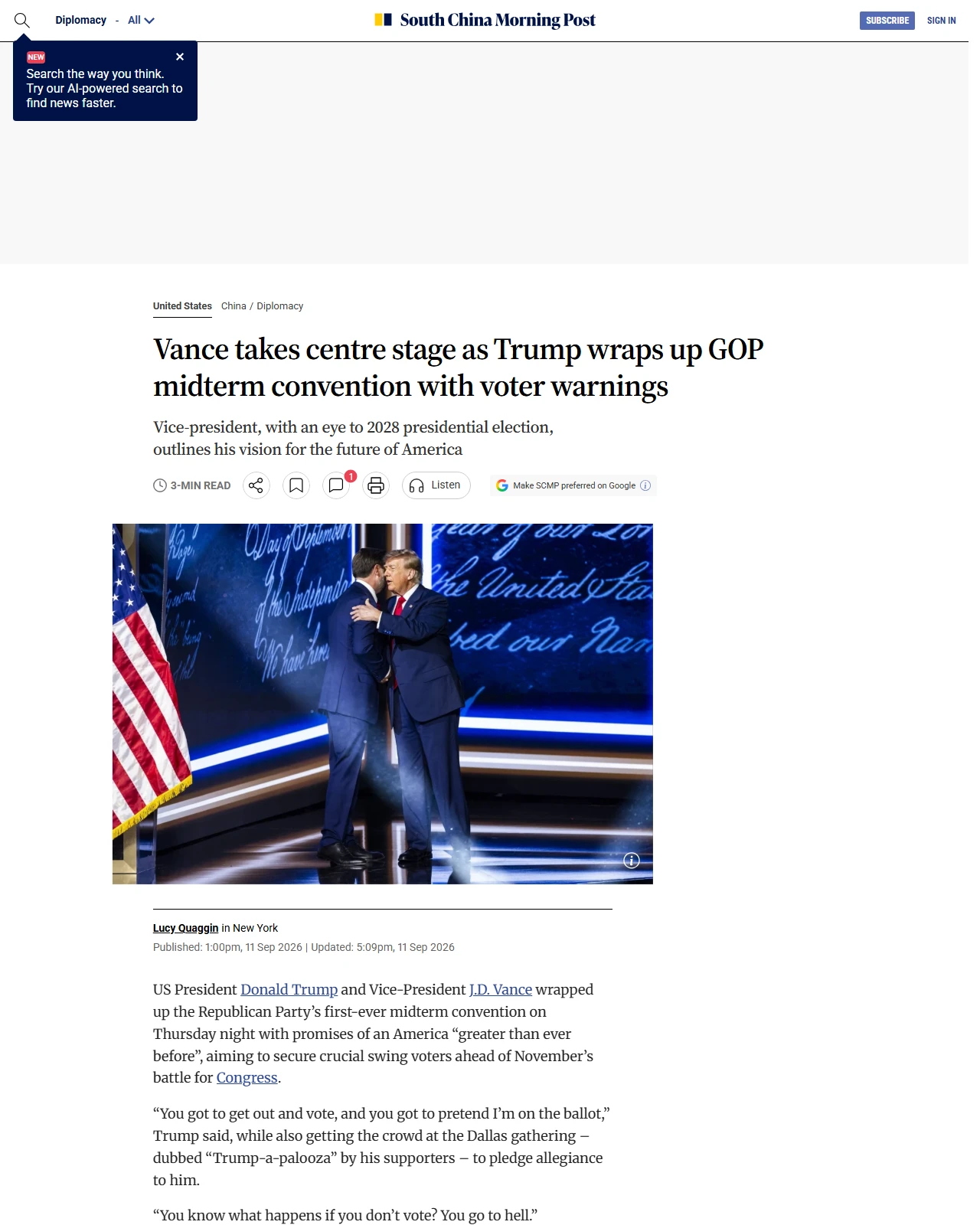 scmp.com as published: Vance takes centre stage as Trump wraps up GOP midterm convention with voter warnings