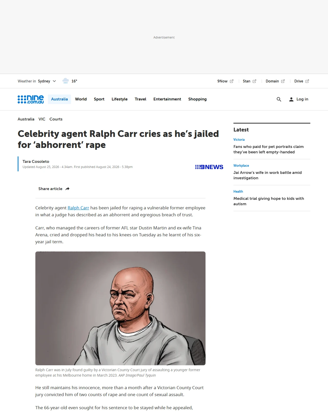 nine.com.au as published: Ralph Carr sentenced to six years behind bars for ‘appalling’ rape
