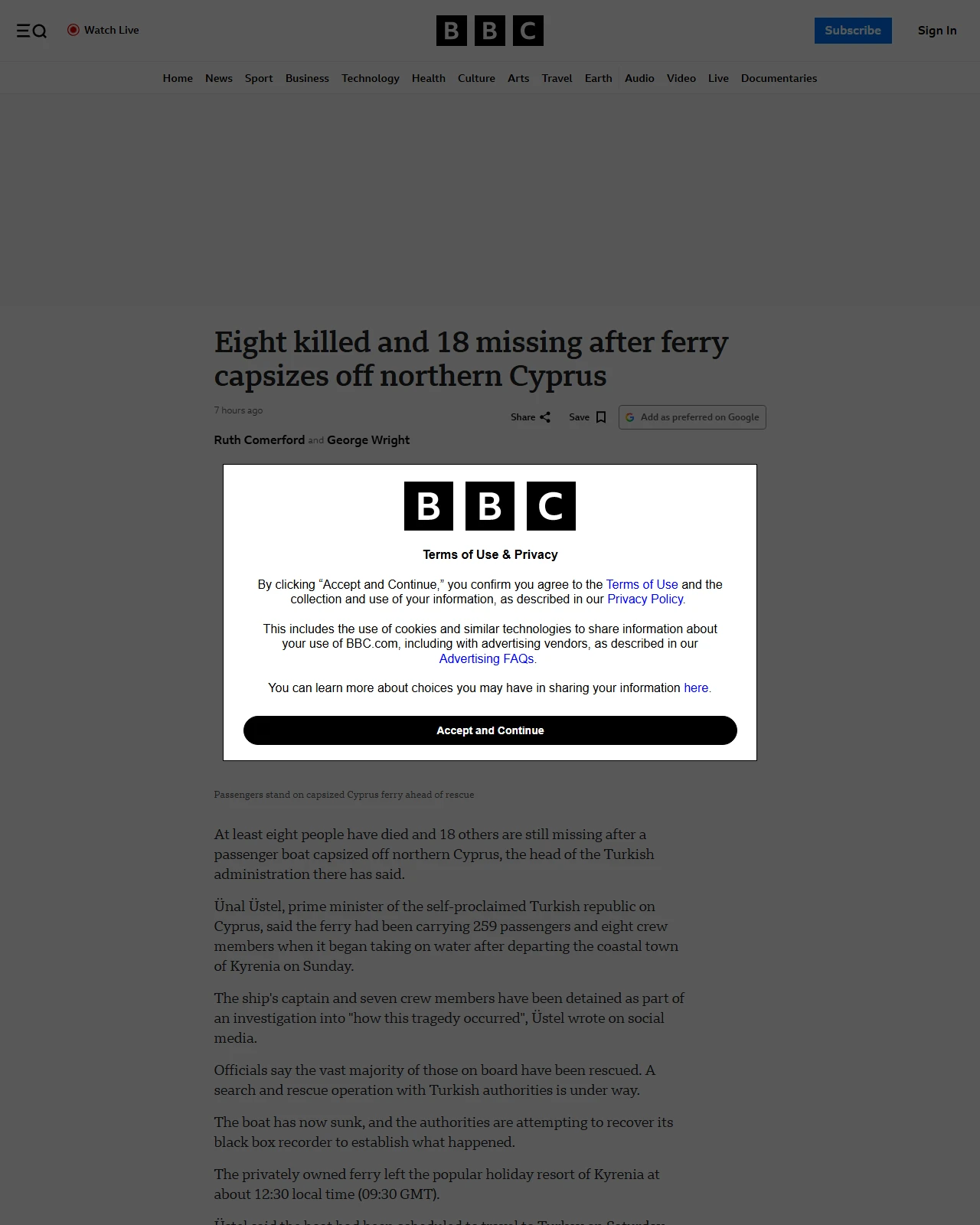 bbc.co.uk as published: Eight killed and 18 missing after ferry capsizes off northern Cyprus