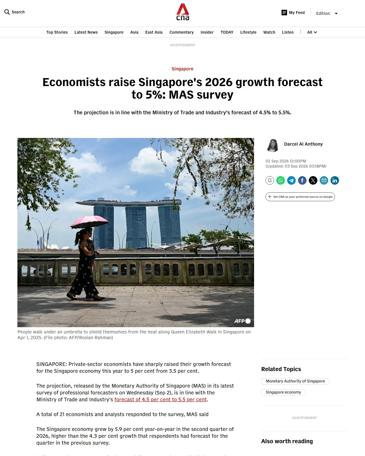 channelnewsasia.com as published: Economists raise Singapore's 2026 growth forecast to 5%: MAS survey