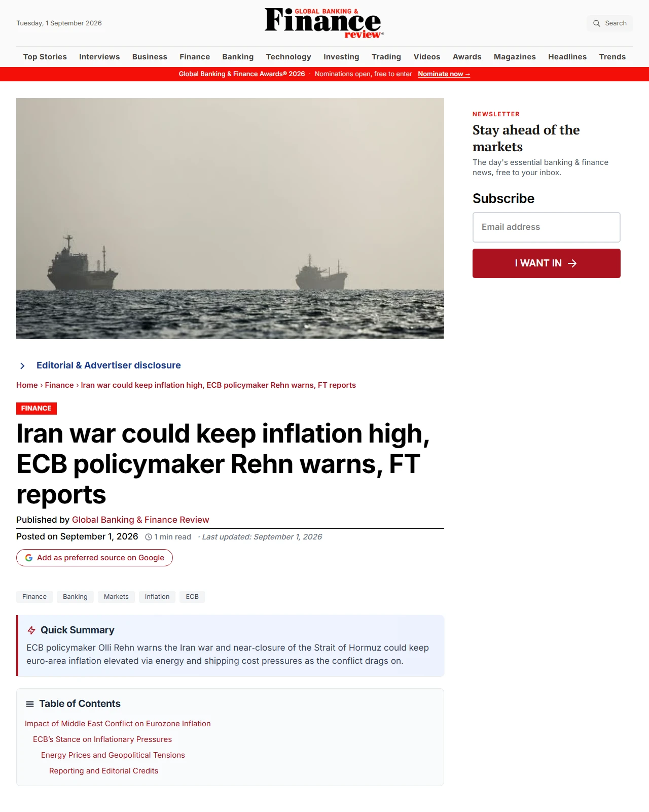 globalbankingandfinance.com as published: Iran War May Prolong High Inflation in Eurozone, Warns ECB’s Rehn