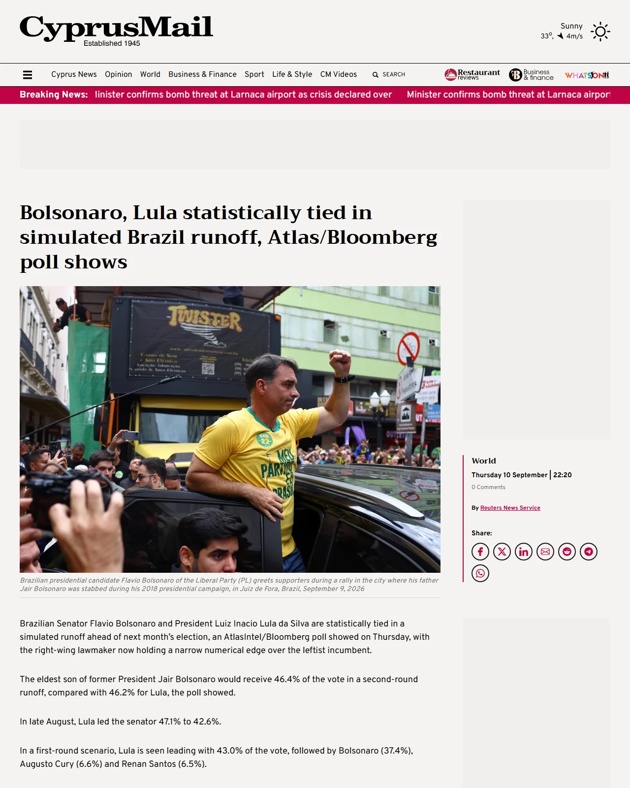 cyprus-mail.com as published: Bolsonaro, Lula statistically tied in simulated Brazil runoff, Atlas/Bloomberg poll shows - cyprus-mail.com