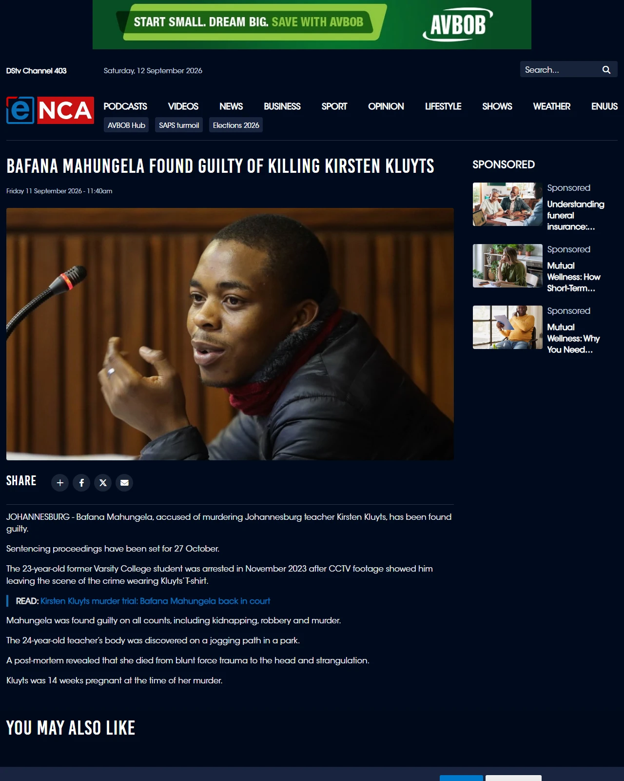 enca.com as published: Bafana Mahungela found guilty of killing Kirsten Kluyts
