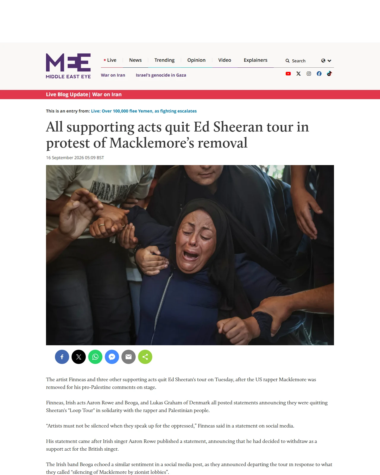 middleeasteye.net as published: All supporting acts quit Ed Sheeran tour in protest of Macklemore’s removal