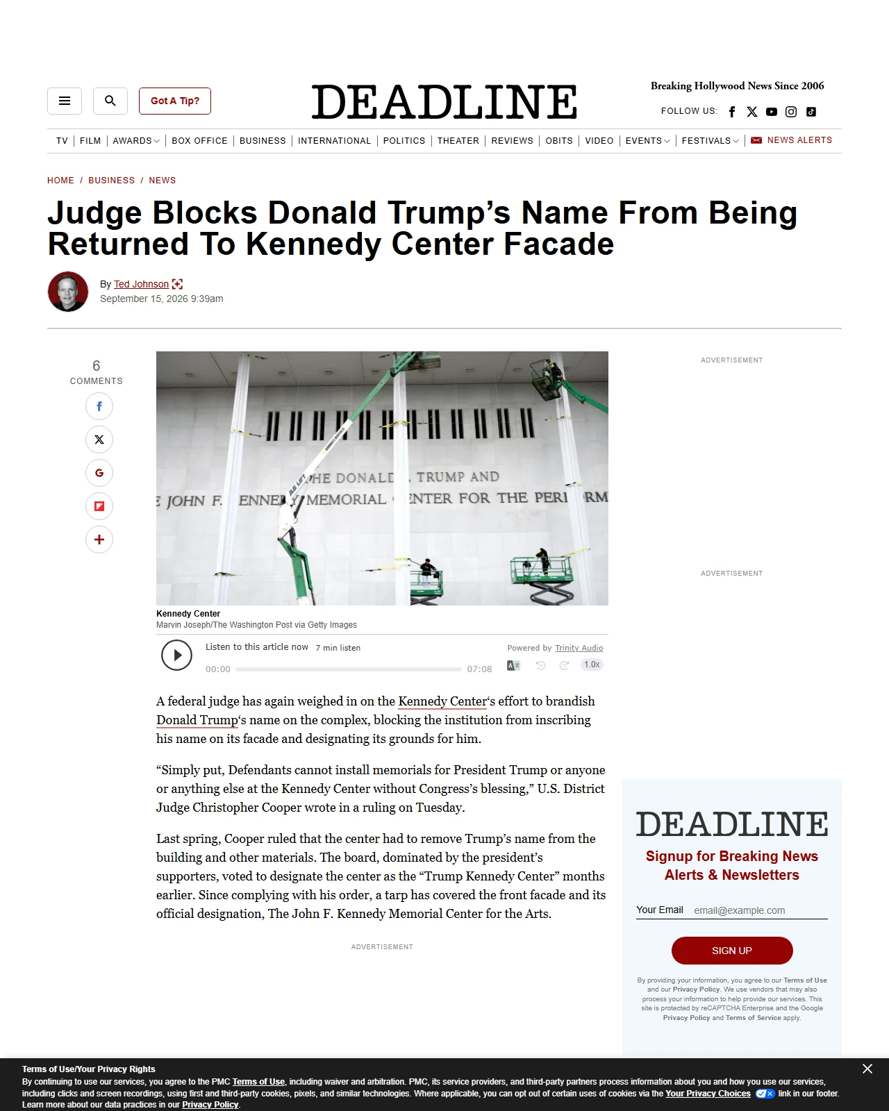 deadline.com as published: Judge Blocks Donald Trump’s Name From Being Returned To Kennedy Center Facade