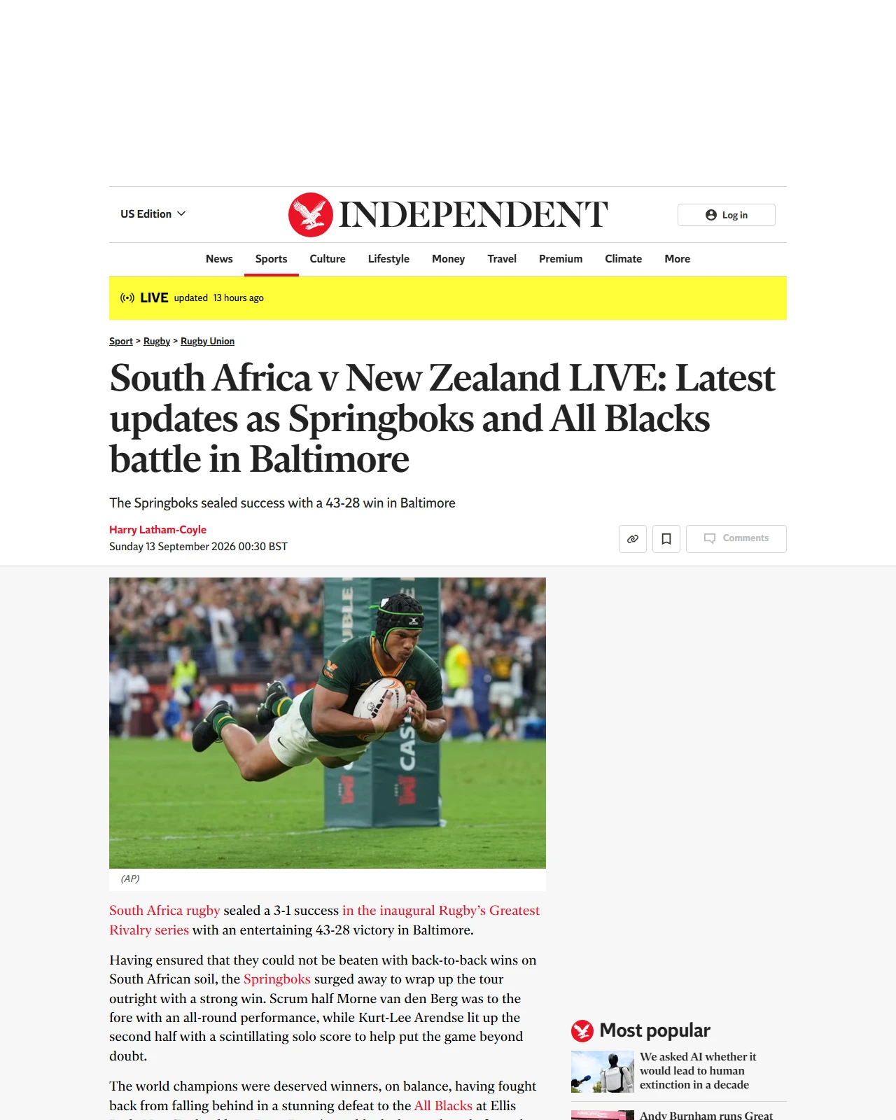 independent.co.uk as published: South Africa v New Zealand LIVE: Result and reaction as Springboks seal series against All Blacks in Baltimore