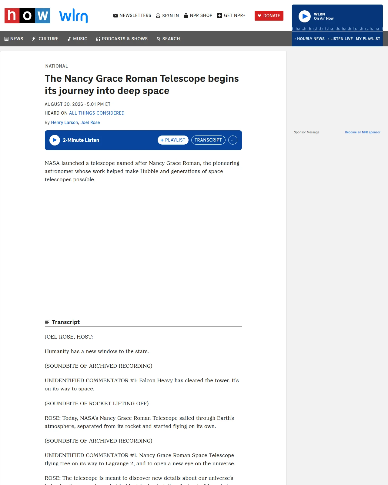 npr.org as published: The Nancy Grace Roman Telescope begins its journey into deep space