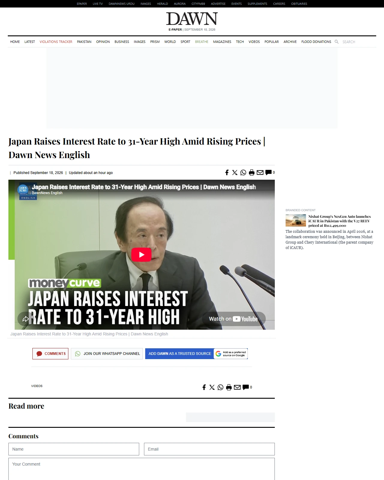 dawn.com as published: Japan Raises Interest Rate to 31-Year High Amid Rising Prices | Dawn News English