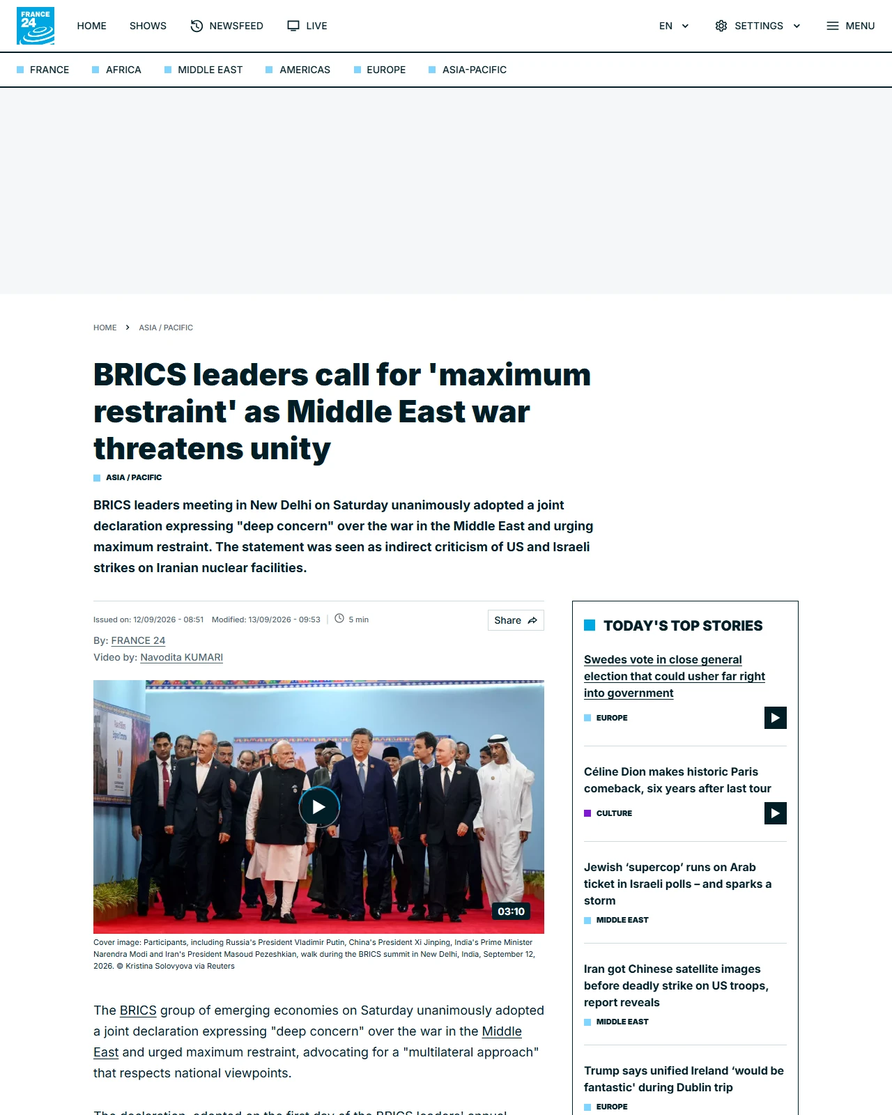 france24.com as published: BRICS leaders call for 'maximum restraint' as Middle East war threatens unity