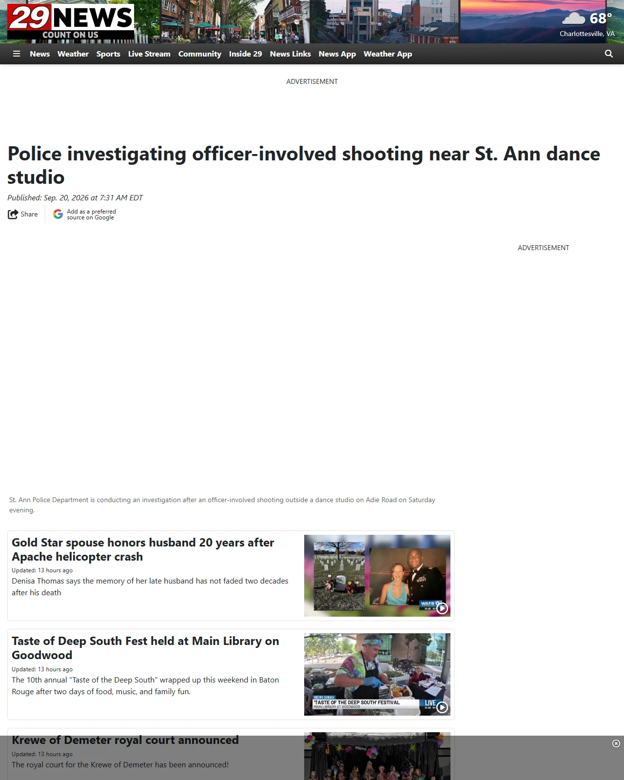 29news.com as published: Police investigating officer-involved shooting near St. Ann dance studio