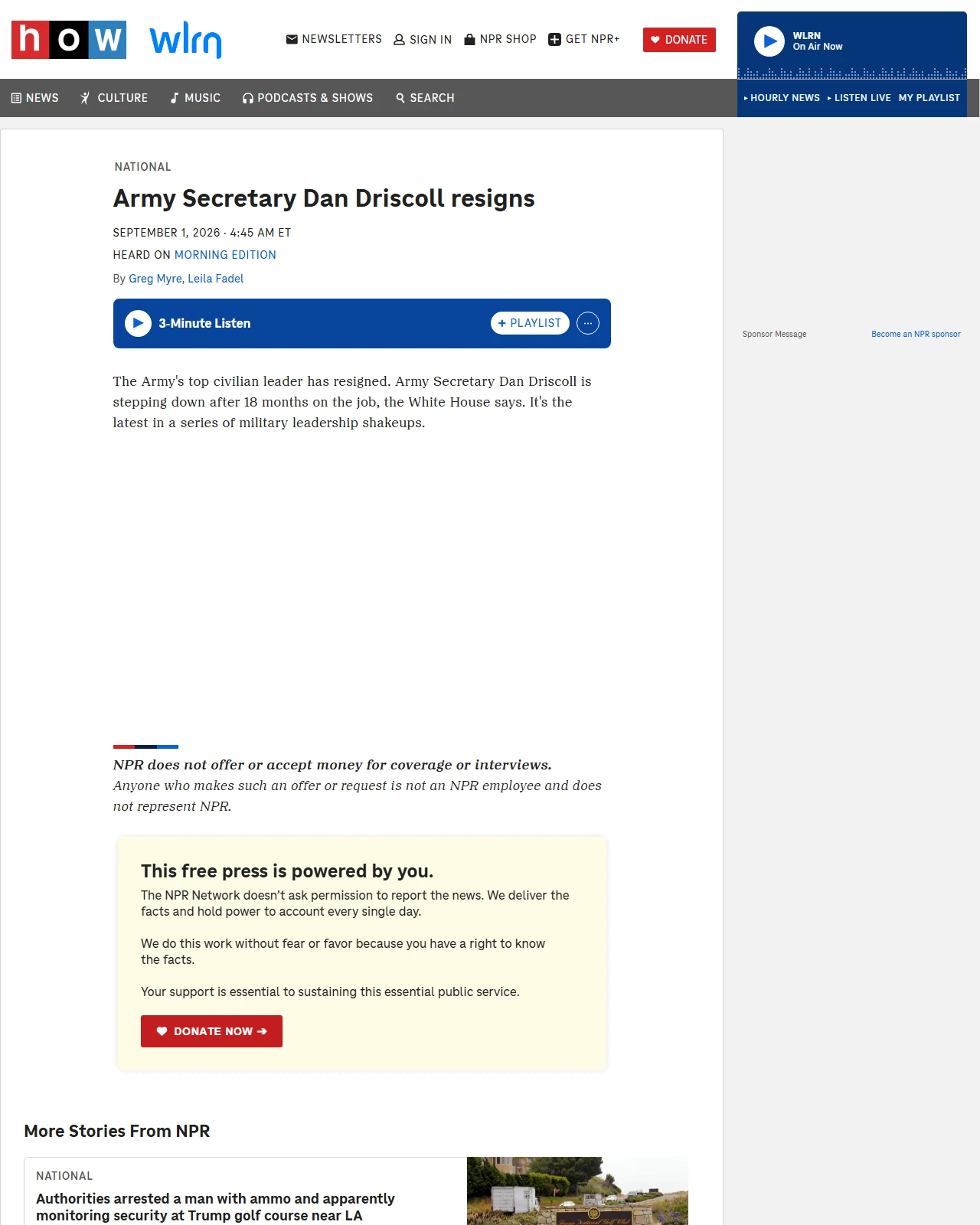 npr.org as published: Army Secretary Dan Driscoll resigns