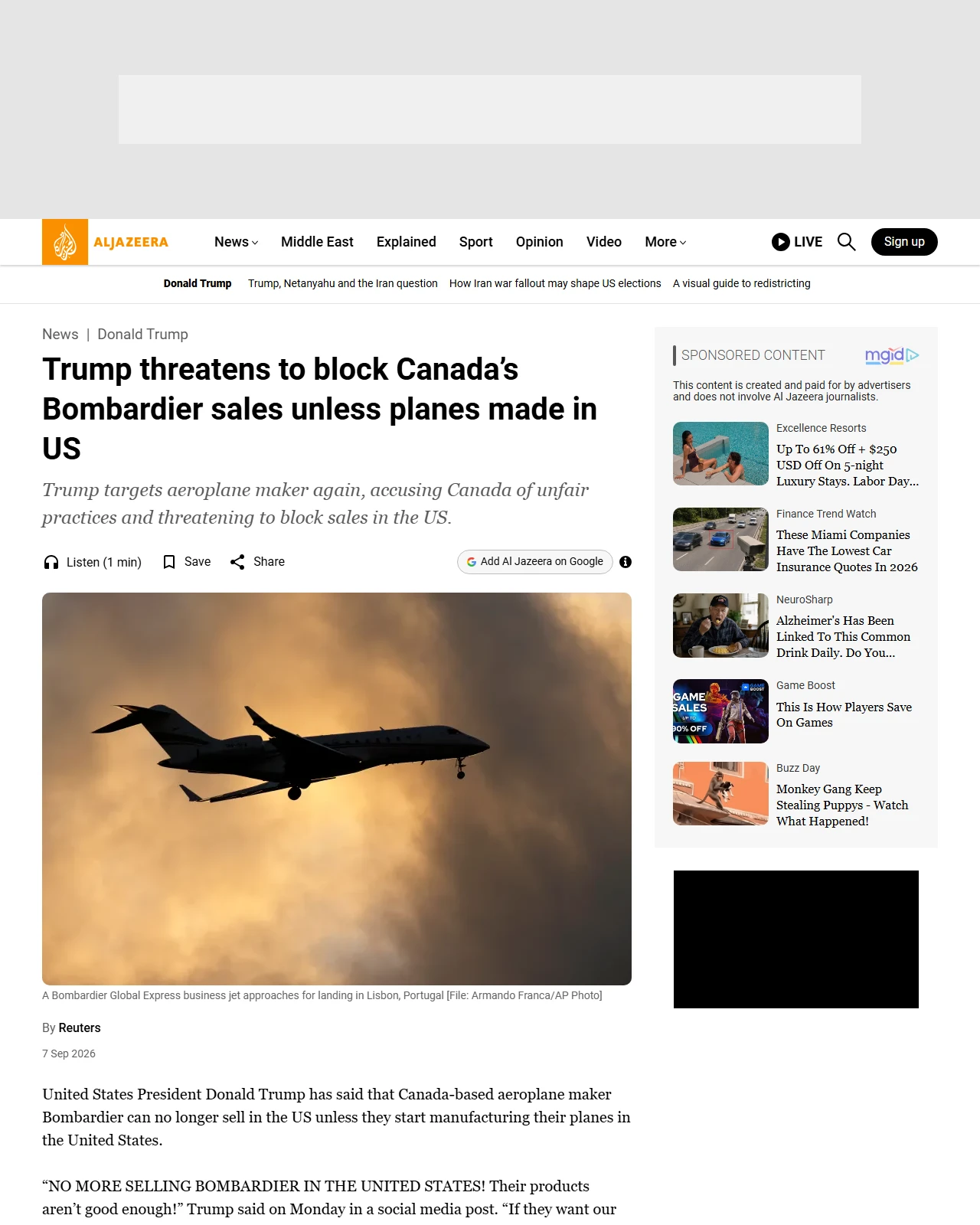 aljazeera.com as published: Trump threatens to block Canada’s Bombardier sales unless planes made in US