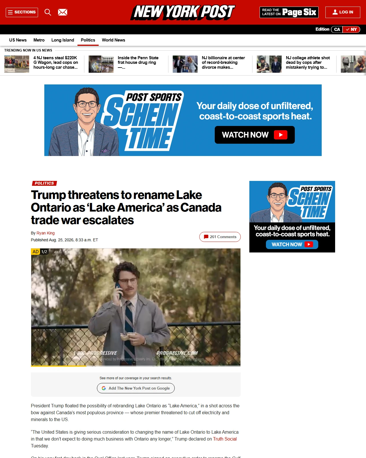 nypost.com as published: Trump threatens to rename Lake Ontario as ‘Lake America’ as Canada trade war escalates