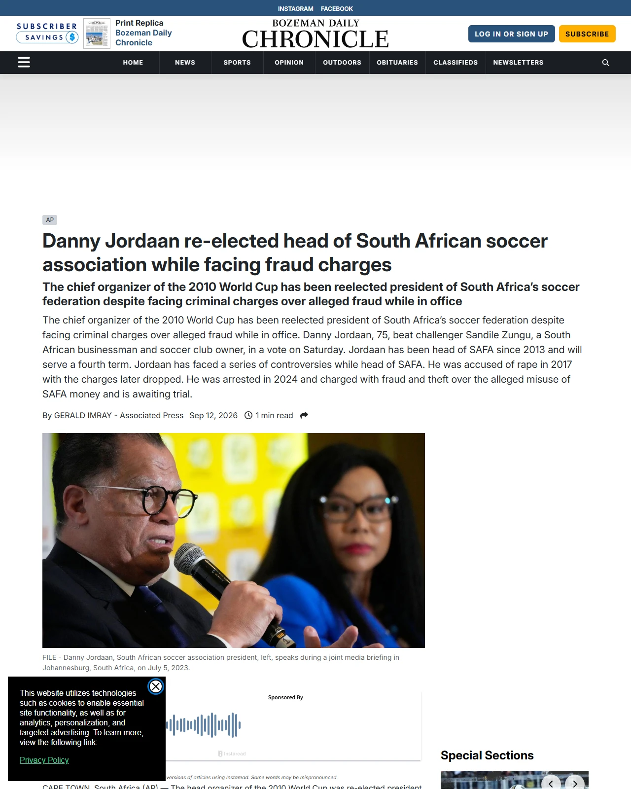 bozemandailychronicle.com as published: Danny Jordaan re-elected head of South African soccer association while facing fraud charges