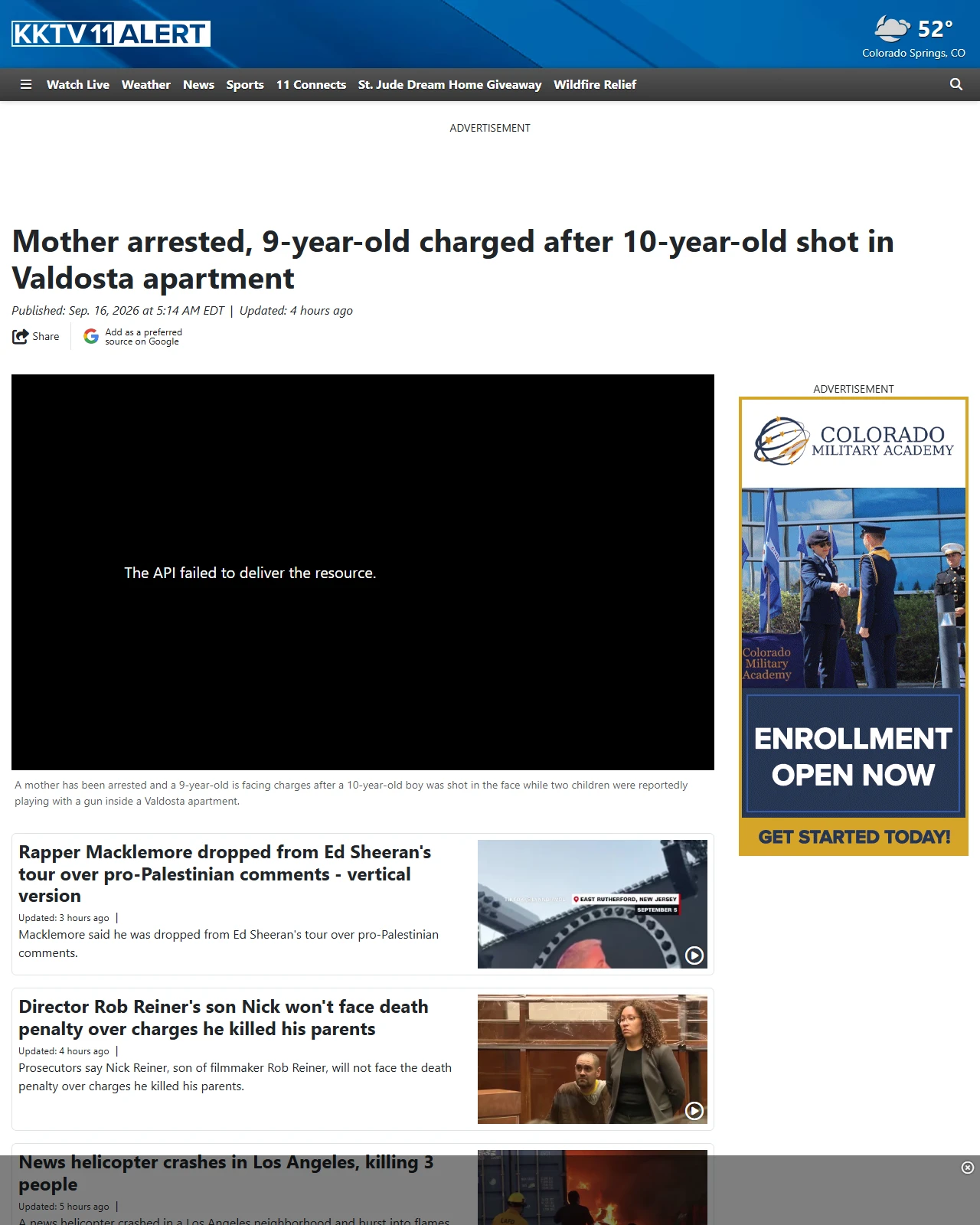 kktv.com as published: Mother arrested, 9-year-old charged after 10-year-old shot in Valdosta apartment