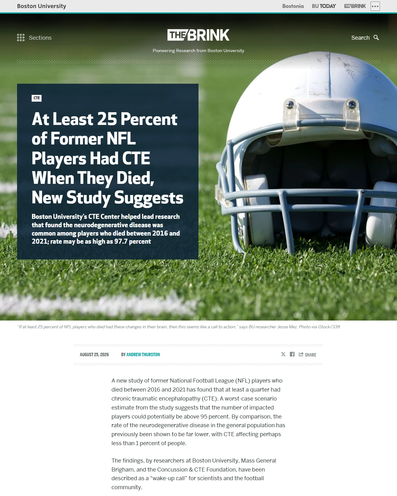 bu.edu as published: At Least 25 Percent of Former NFL Players Had CTE When They Died, New Study Suggests