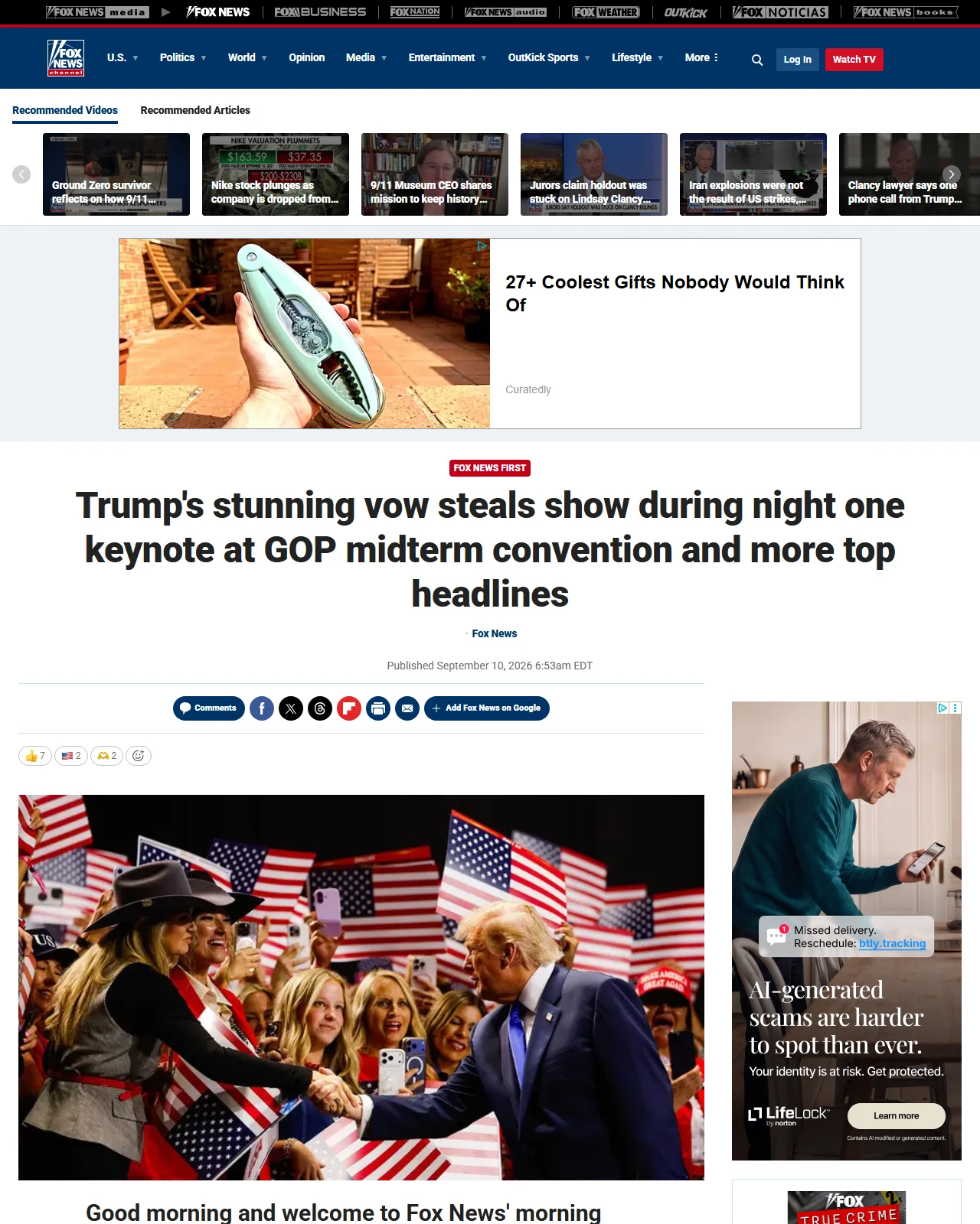 foxnews.com as published: Trump's stunning vow steals show during night one keynote at GOP midterm convention and more top headlines