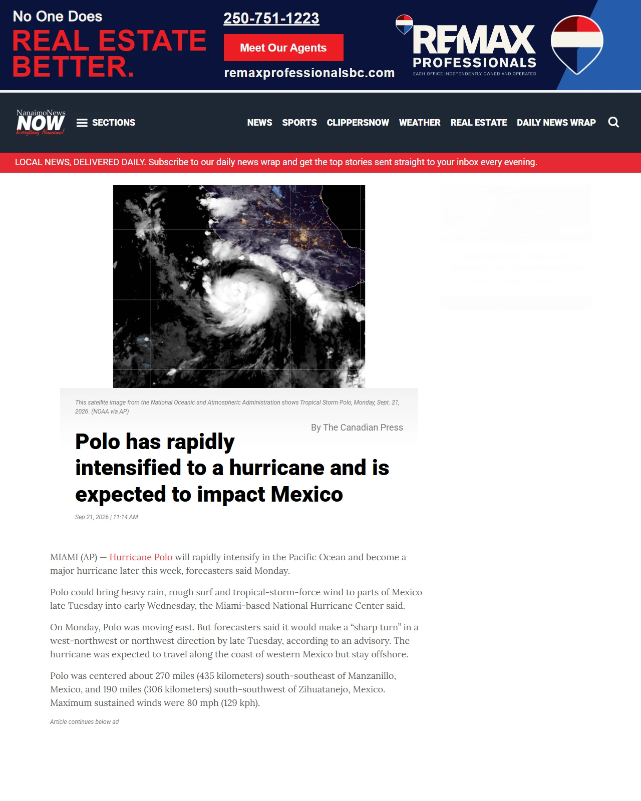 nanaimonewsnow.com as published: Polo has rapidly intensified to a hurricane and is expected to impact Mexico