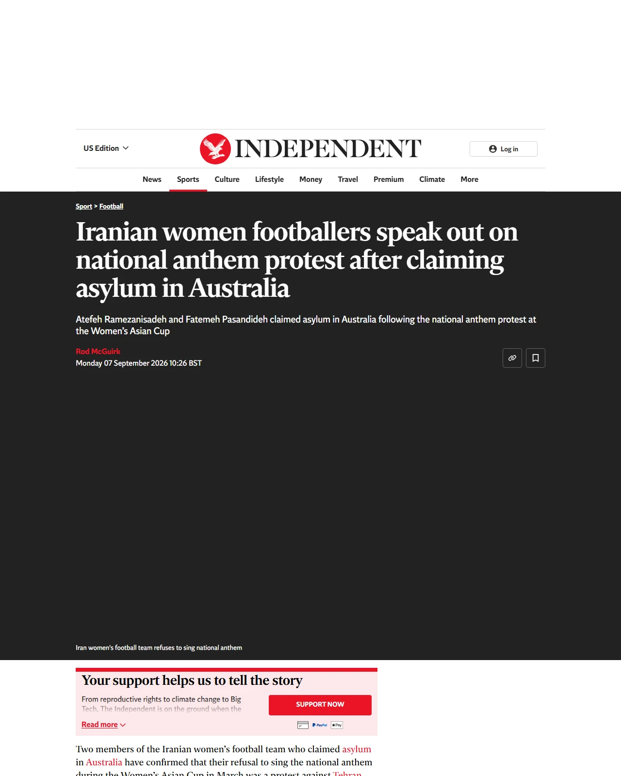 independent.co.uk as published: Iranian women footballers speak out on national anthem protest after claiming asylum in Australia