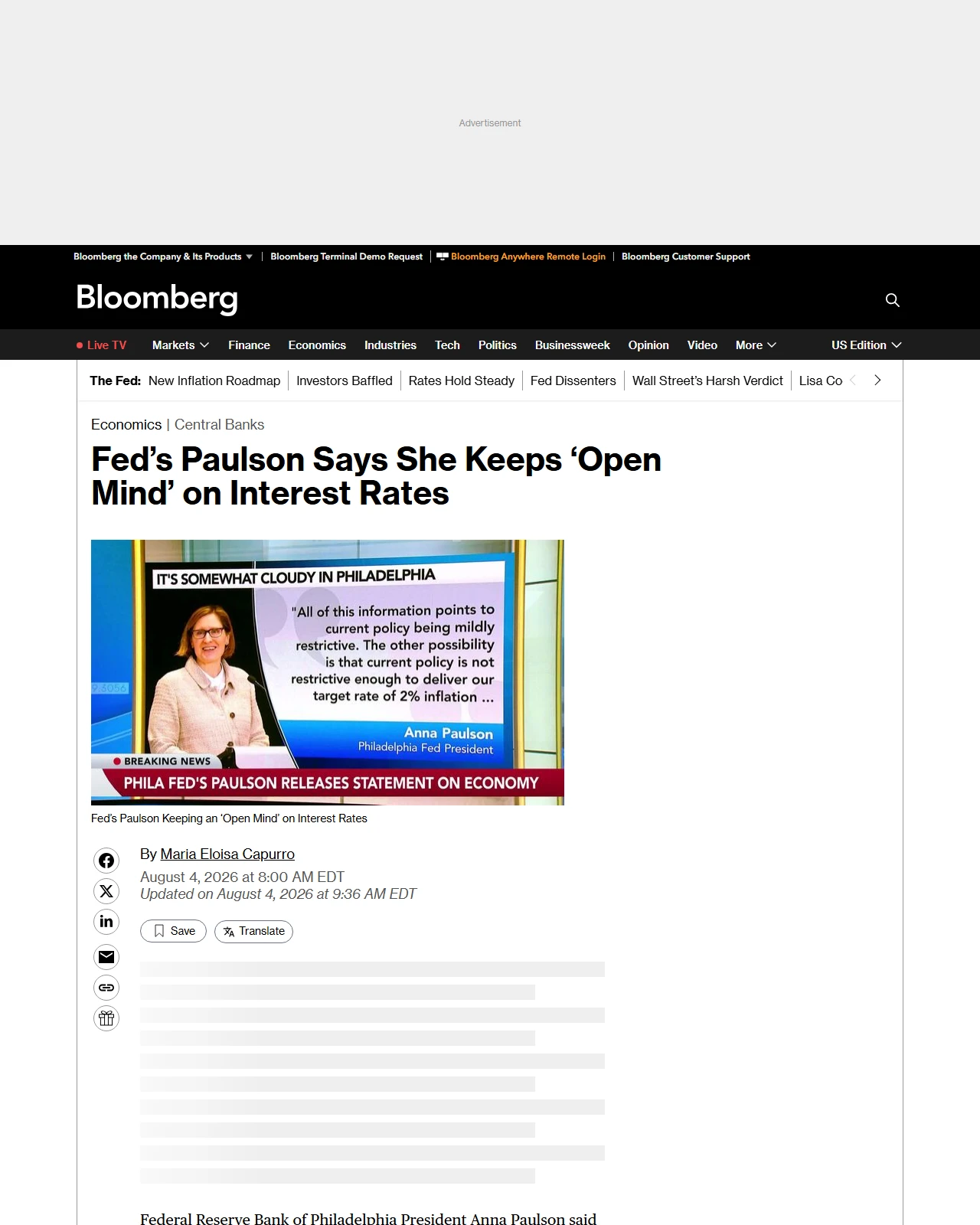 bloomberg.com as published: Fed’s Paulson Says She Keeps an ‘Open Mind’ on Interest Rates