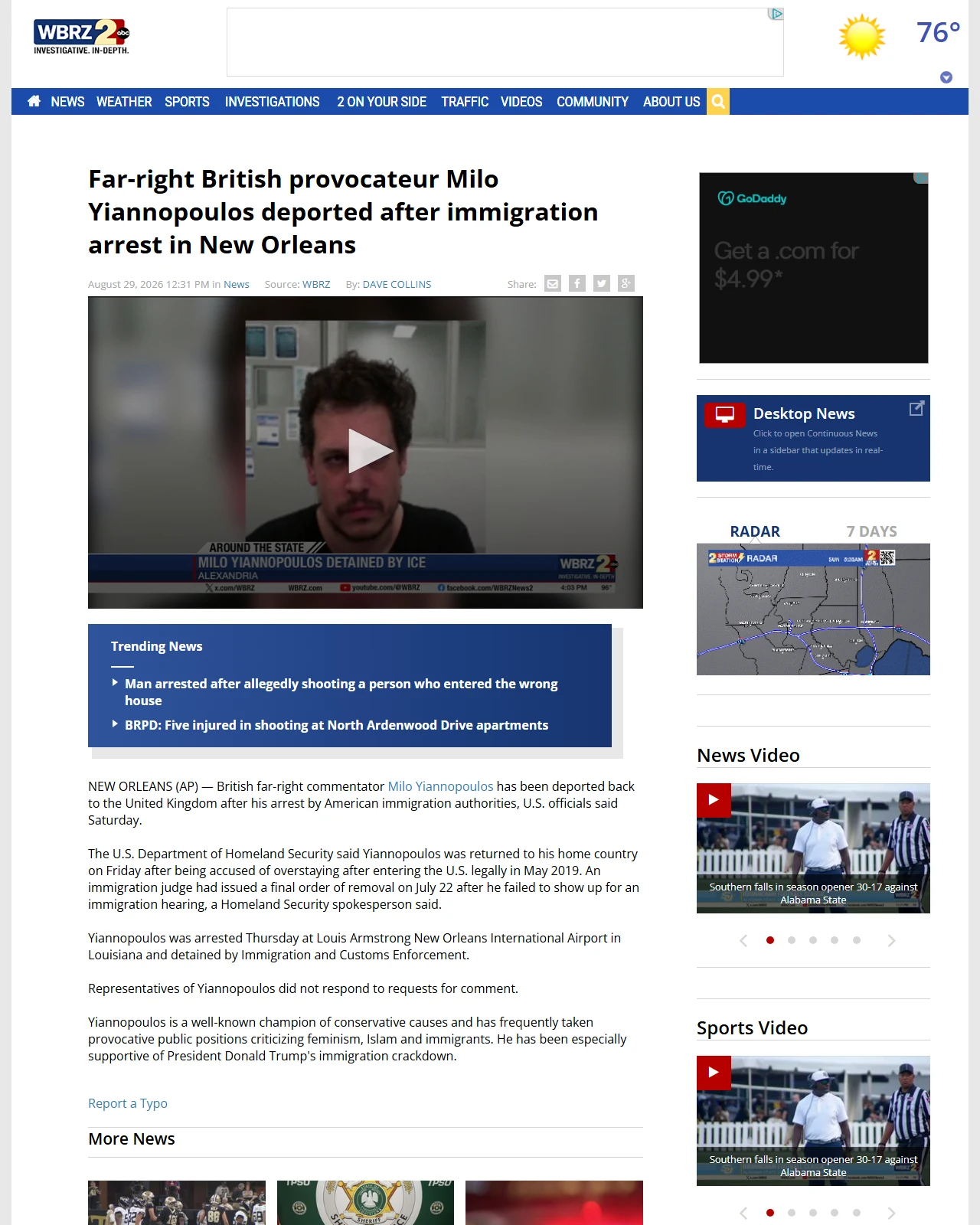 wbrz.com as published: Far-right British provocateur Milo Yiannopoulos deported after immigration arrest in New Orleans
