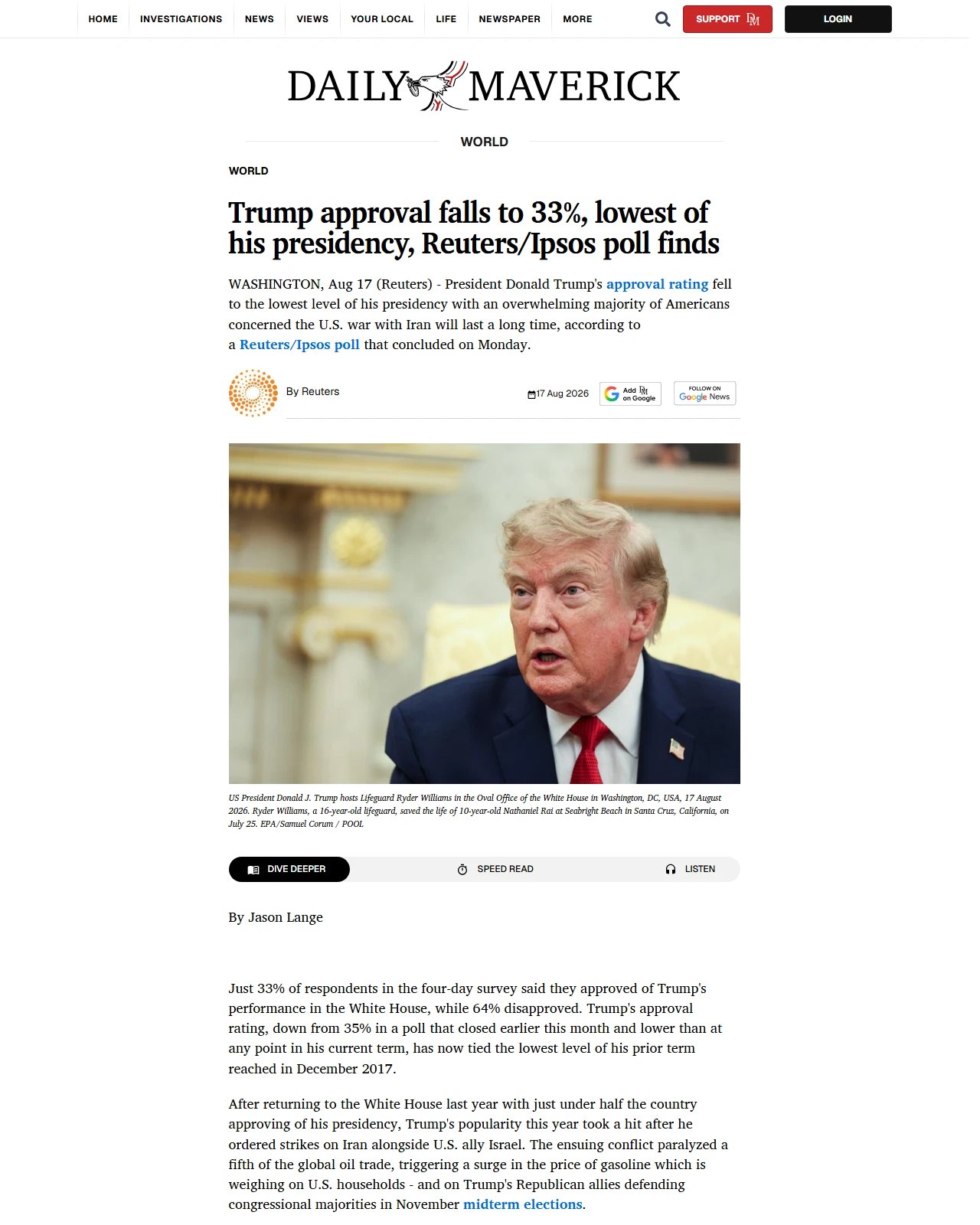 dailymaverick.co.za as published: Trump approval falls to 33%, lowest of his presidency, Reuters/Ipsos poll finds