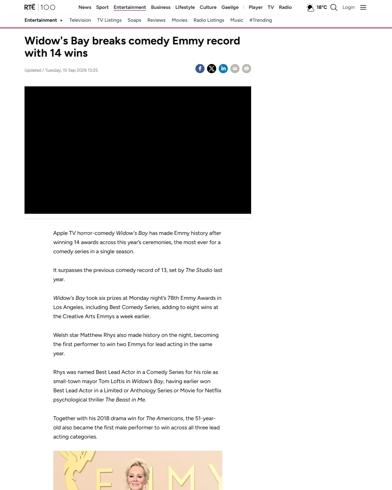 rte.ie as published: Widow's Bay breaks comedy Emmy record with 14 wins