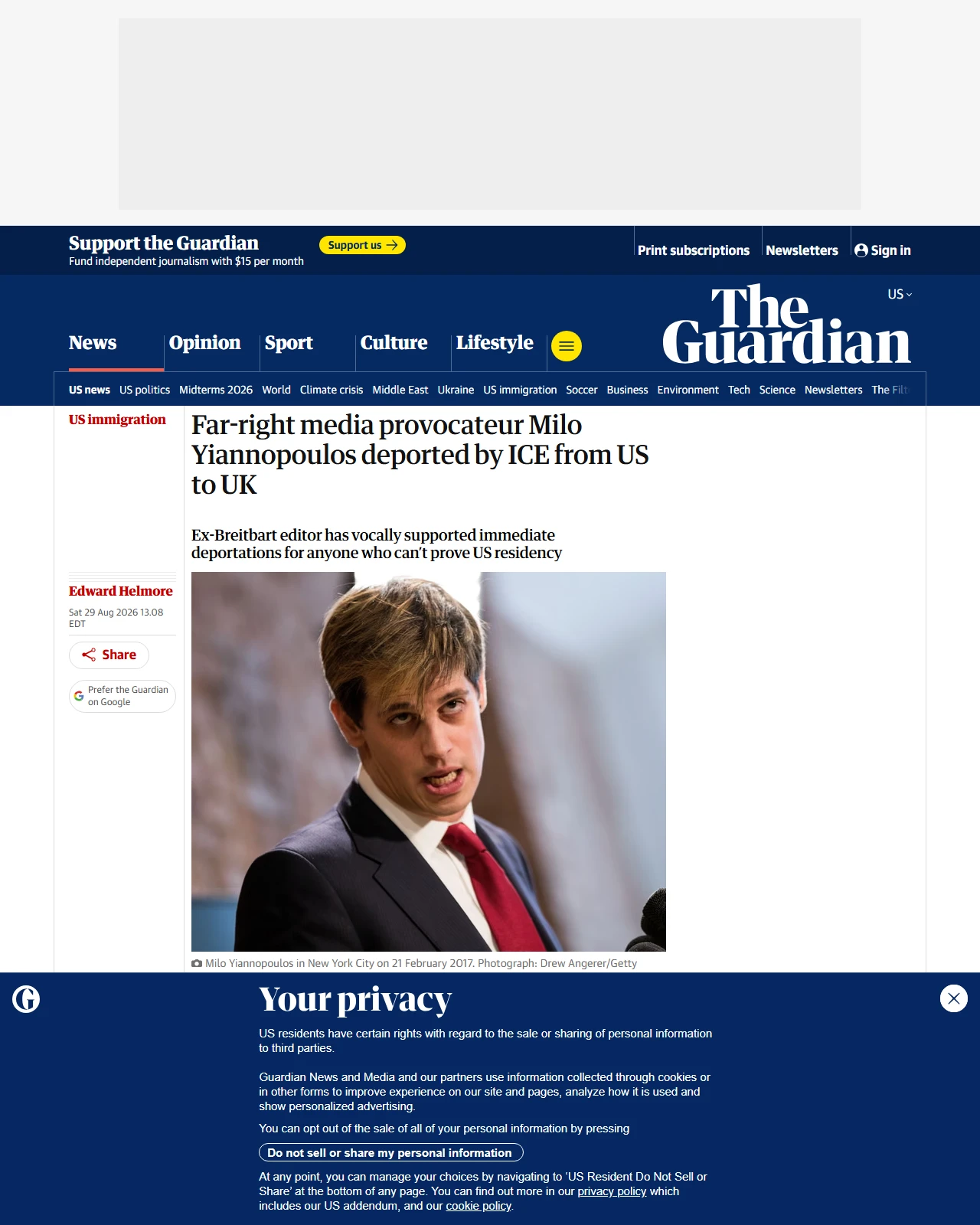 theguardian.com as published: Far-right media provocateur Milo Yiannopoulos deported by ICE from US to UK