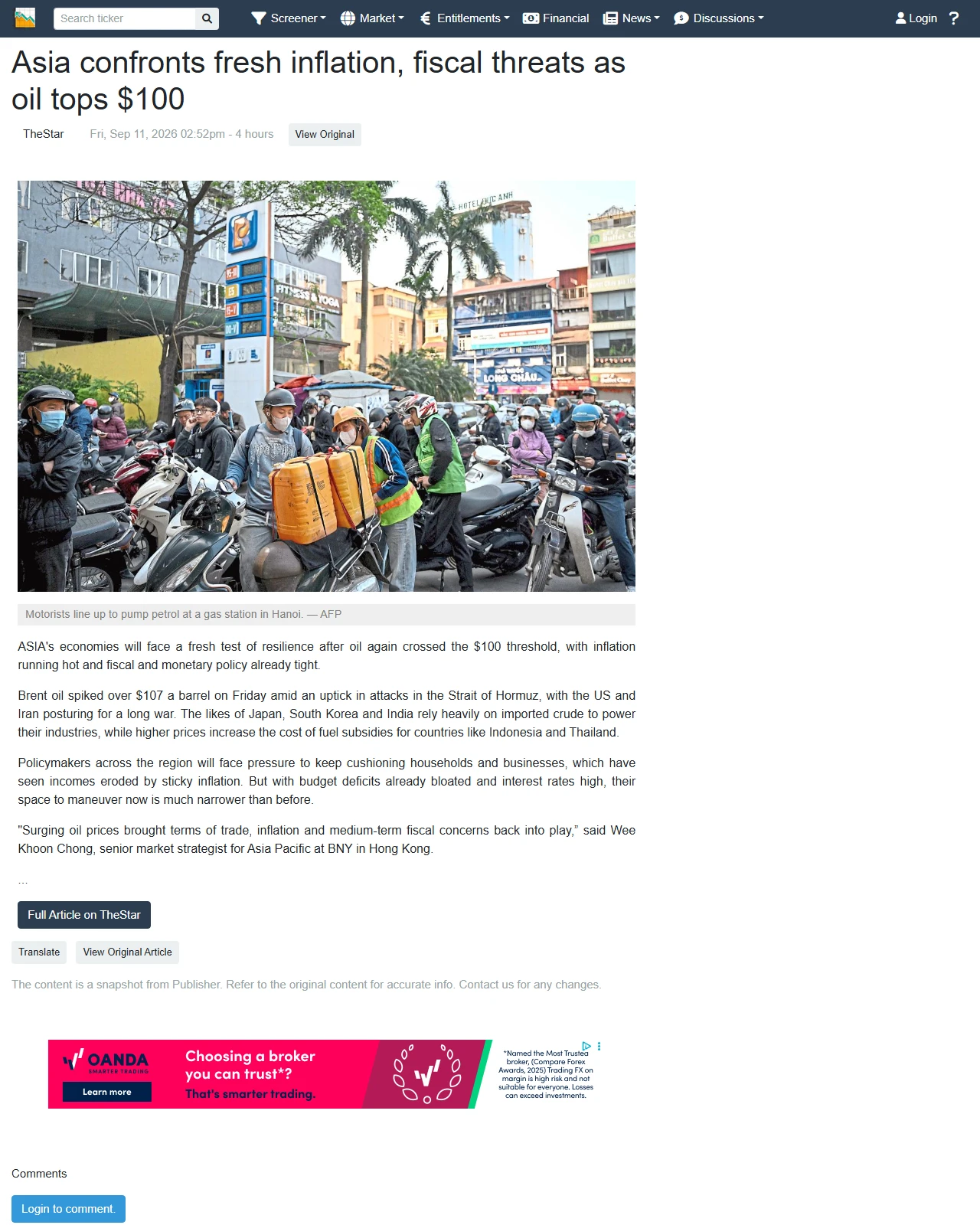 klsescreener.com as published: Asia confronts fresh inflation, fiscal threats as oil tops $100