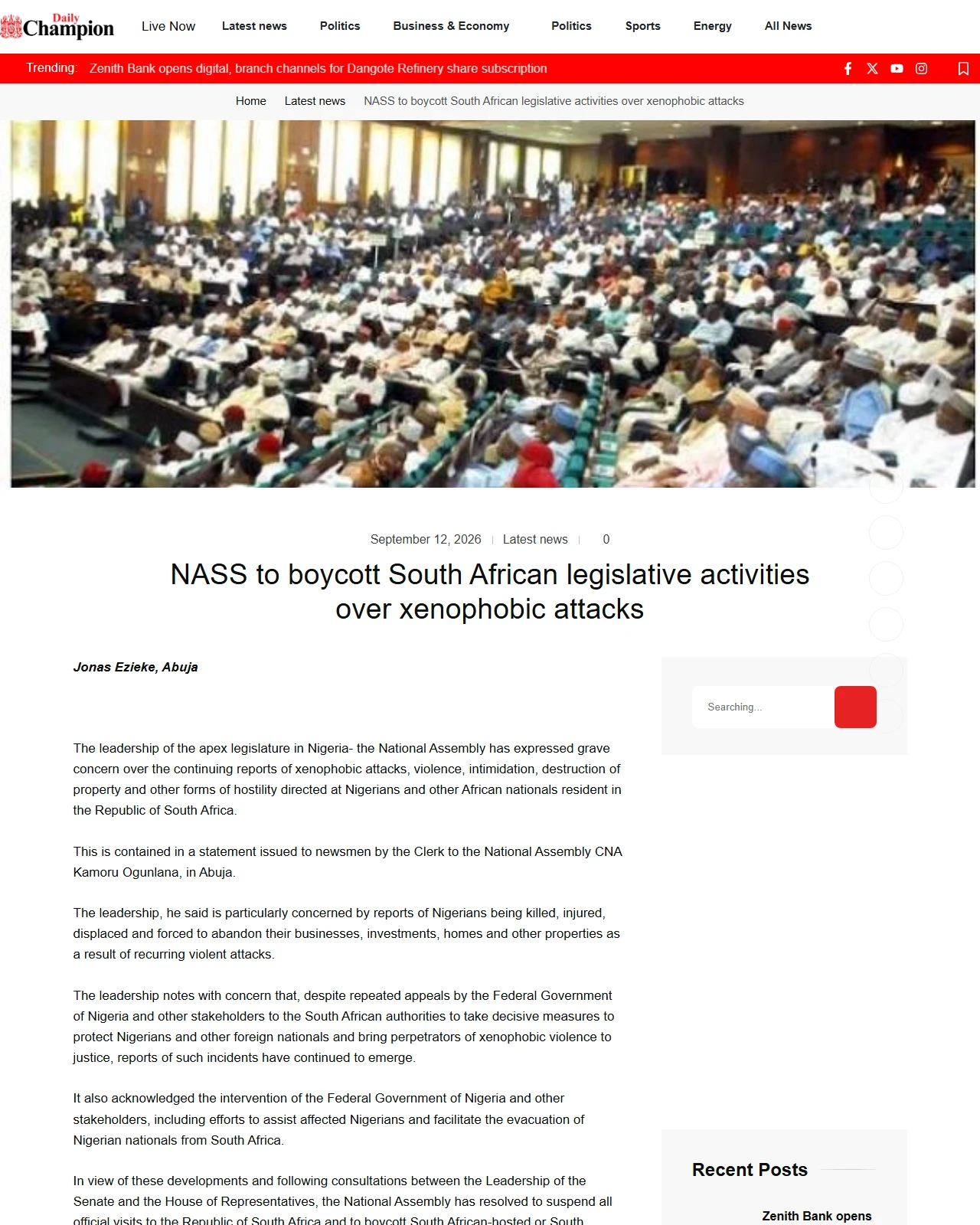championnews.com.ng as published: NASS to boycott South African legislative activities over xenophobic attacks