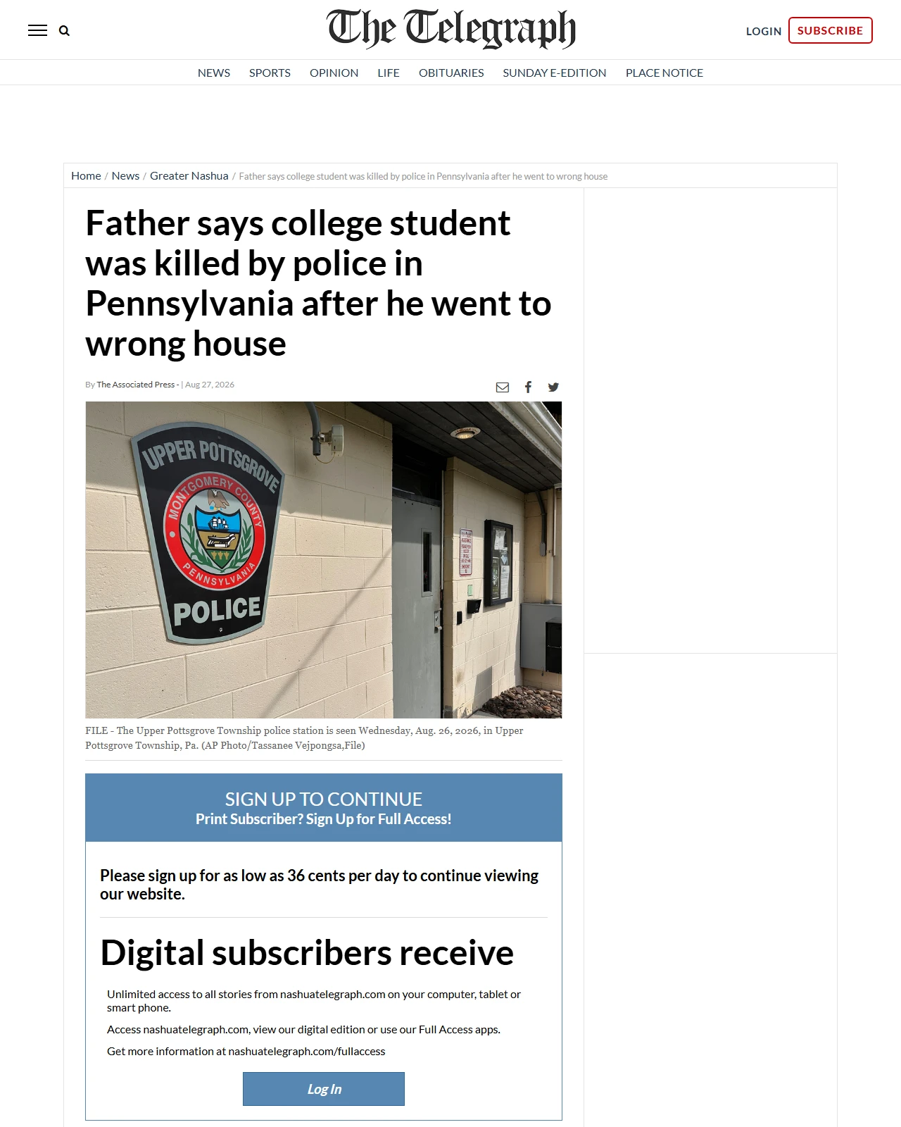 nashuatelegraph.com as published: Father says college student was killed by police in Pennsylvania after he went to wrong house