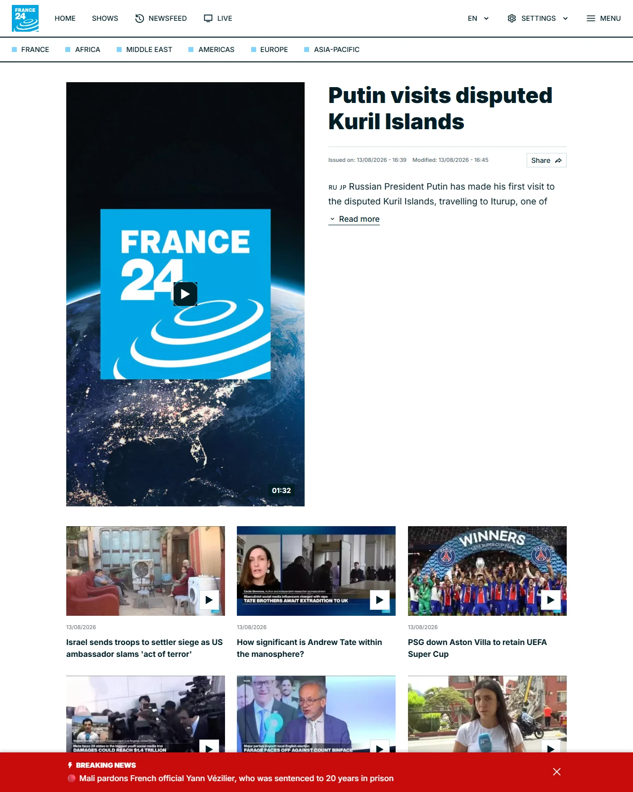 france24.com as published: Putin visits disputed Kuril Islands