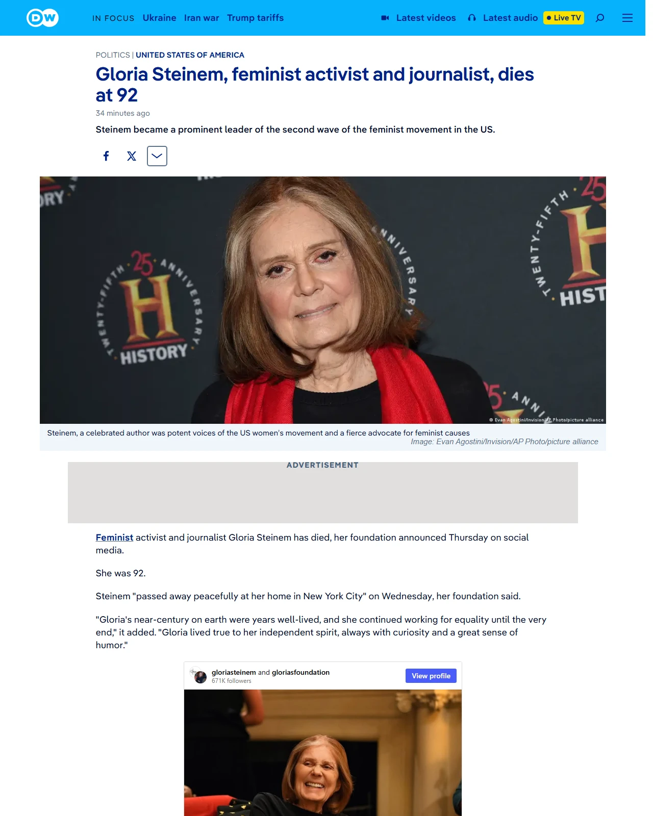 dw.com as published: Gloria Steinem, feminist activist and journalist, dies at 92