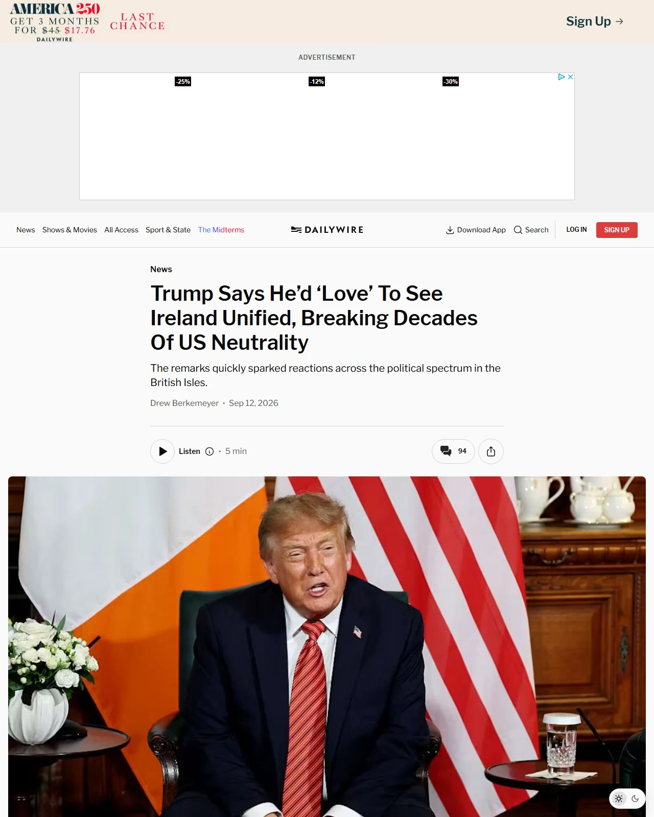 dailywire.com as published: Trump Says He’d ‘Love’ To See Ireland Unified, Breaking Decades Of US Neutrality