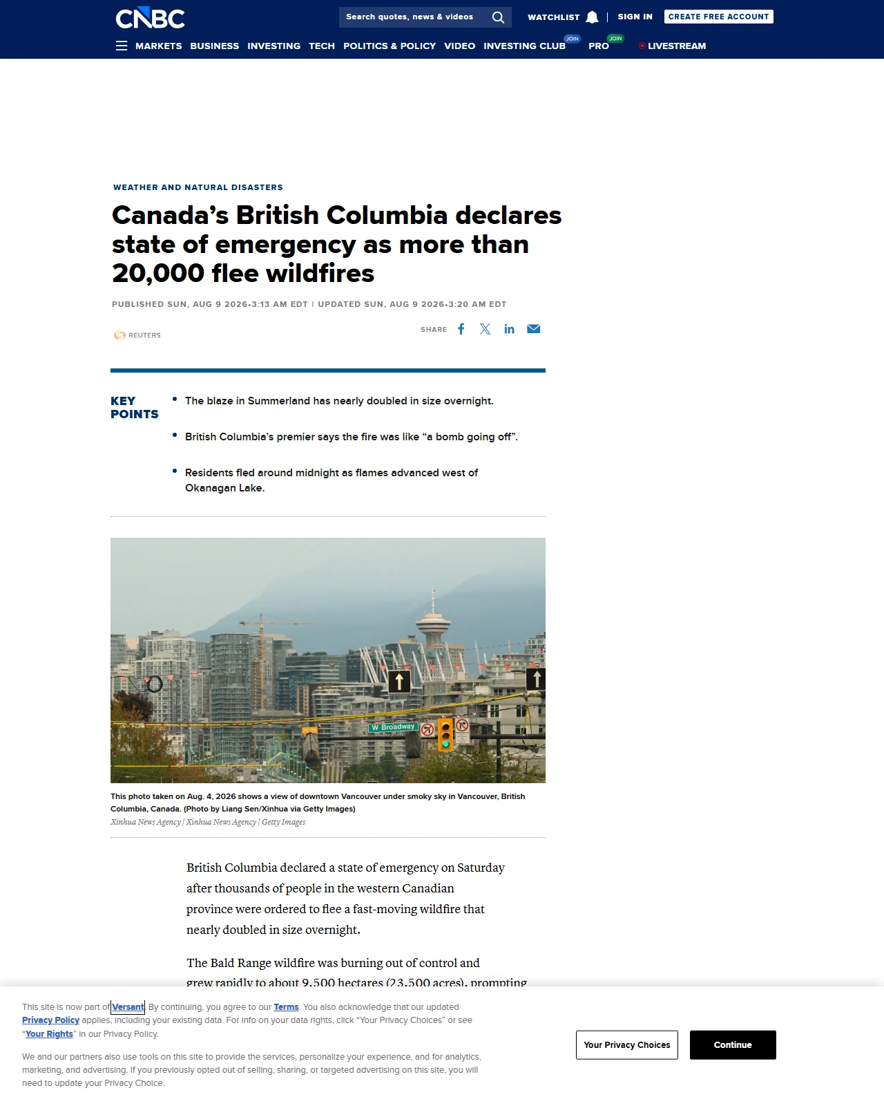 cnbc.com as published: Canada's British Columbia declares state of emergency as more than 20,000 flee wildfires