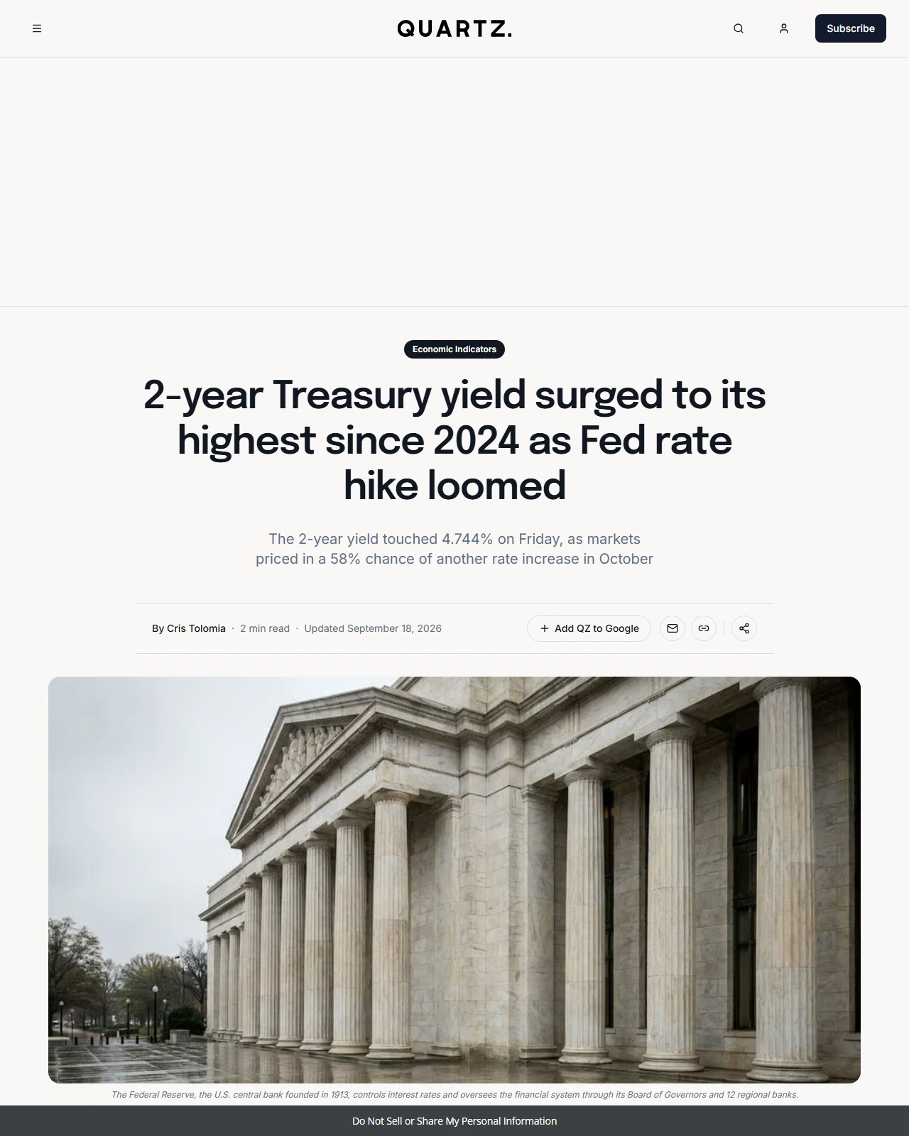 qz.com as published: 2-year Treasury yield reaches multi-year high after Fed rate hike