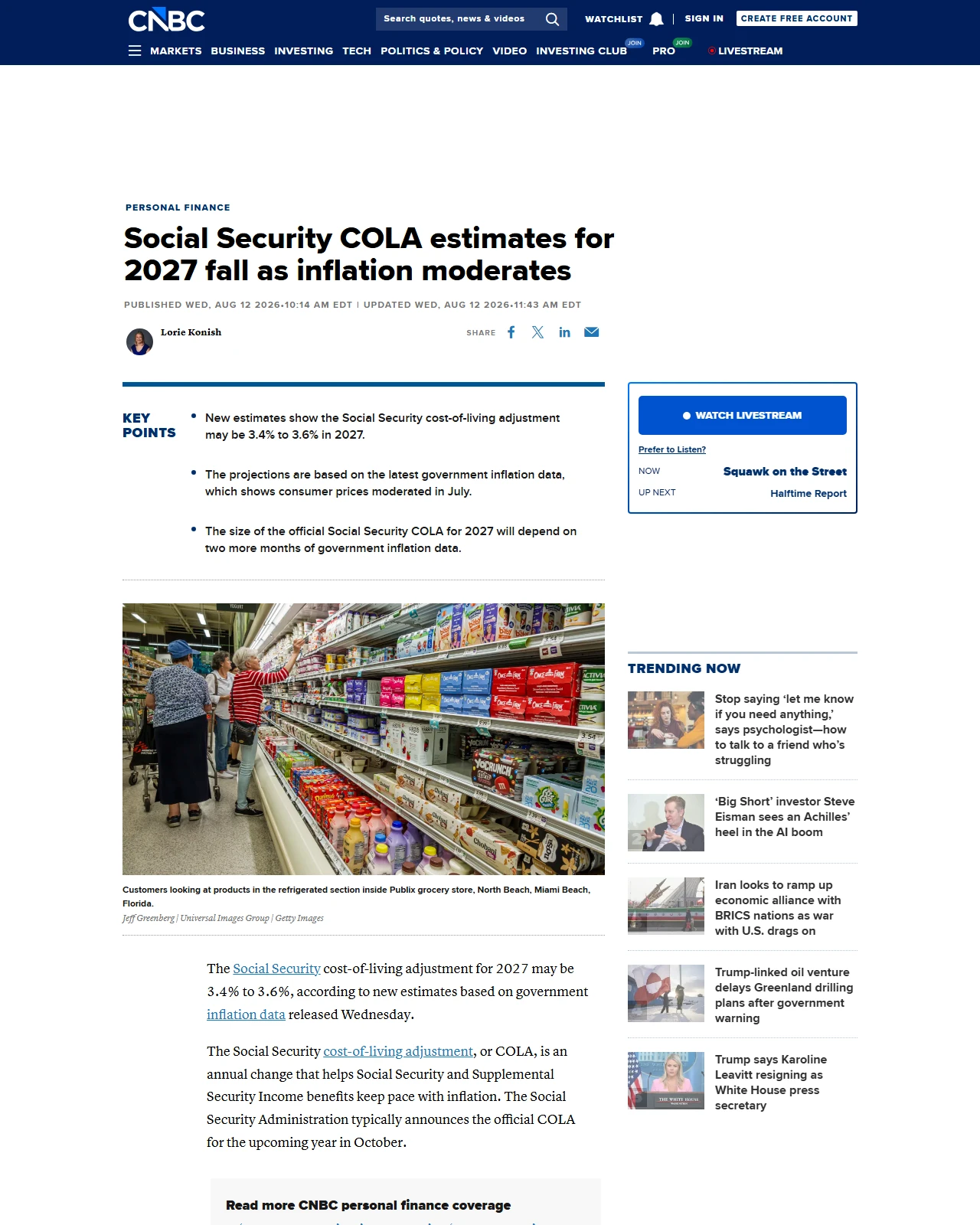 cnbc.com as published: Social Security COLA estimates for 2027 fall as inflation moderates