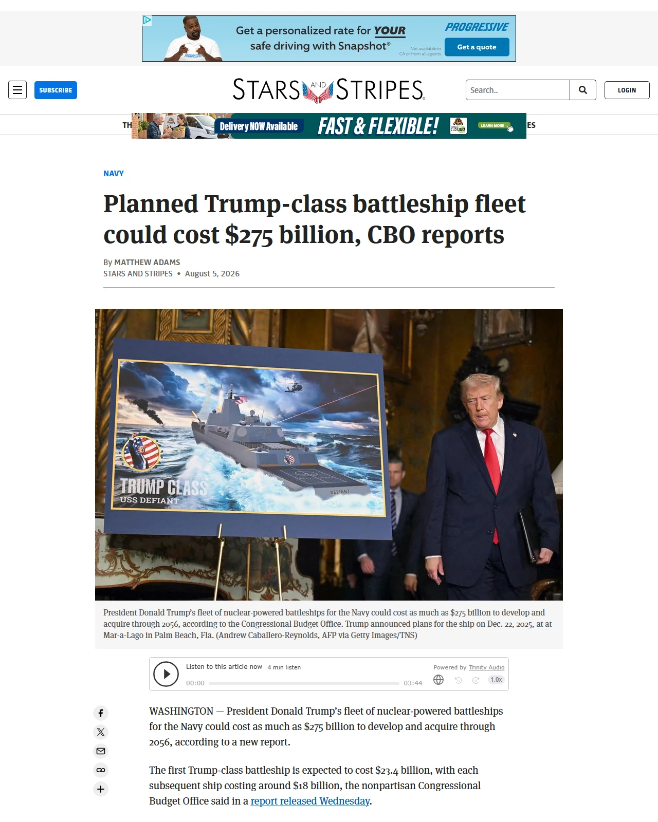 stripes.com as published: Planned Trump-class battleship fleet could cost $275 billion, CBO reports