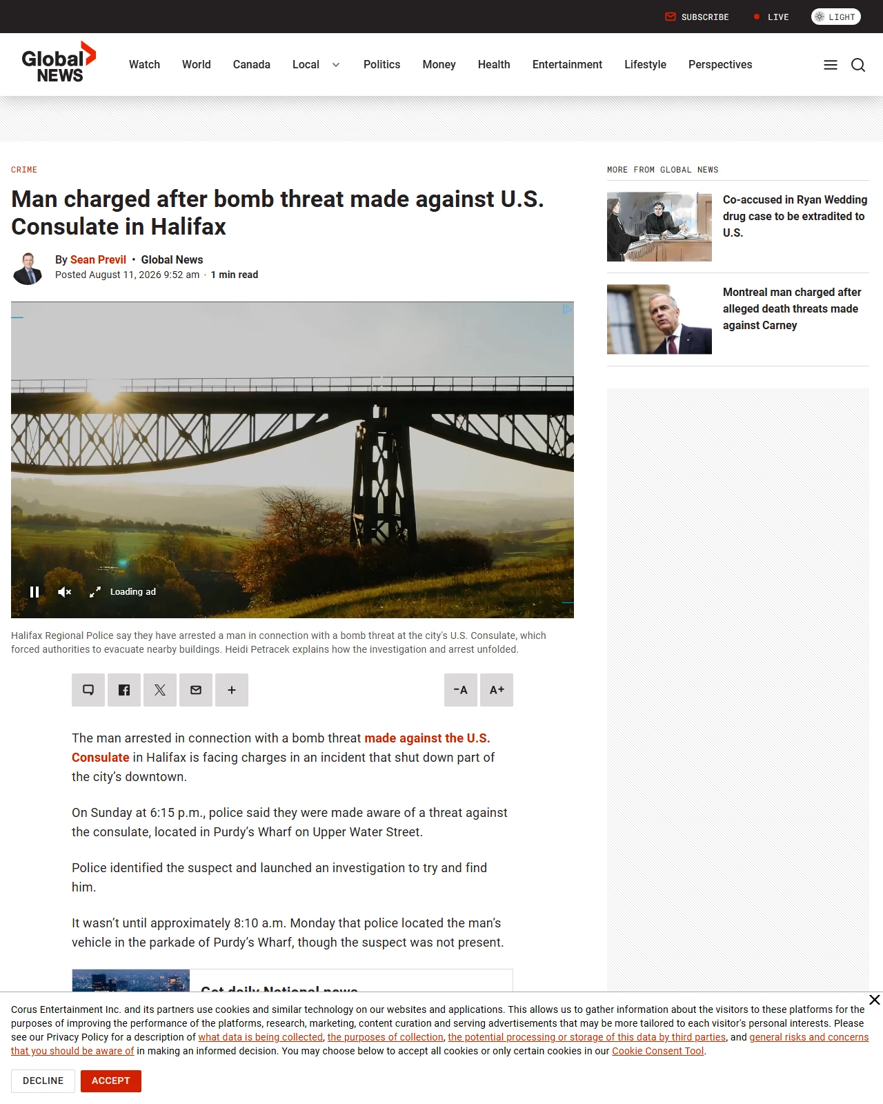 globalnews.ca as published: Man charged after bomb threat made against U.S. Consulate in Halifax