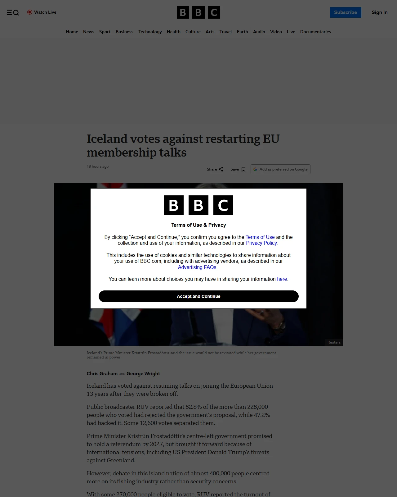 bbc.co.uk as published: Iceland votes against restarting EU membership talks