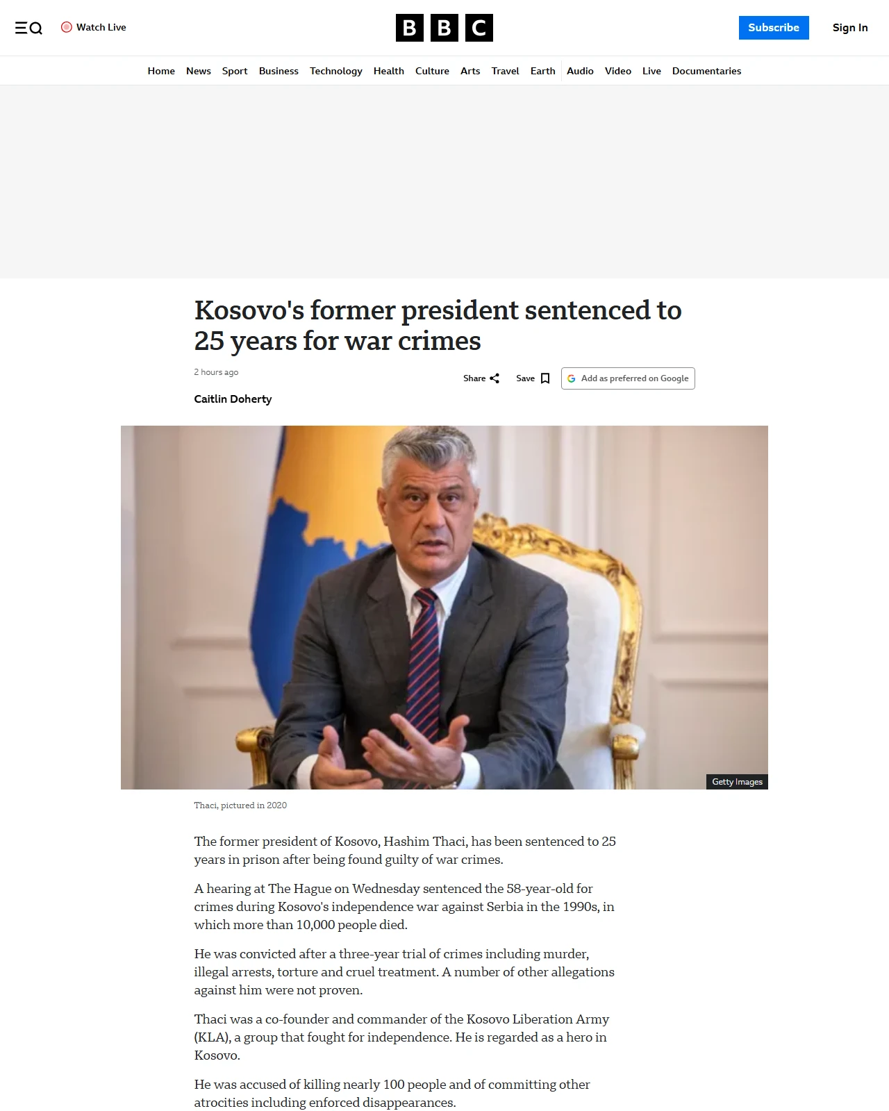 bbc.co.uk as published: Kosovo's former president sentenced to 25 years for war crimes
