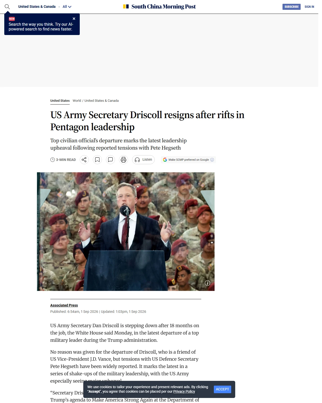 scmp.com as published: US Army Secretary Driscoll resigns after rifts in Pentagon leadership