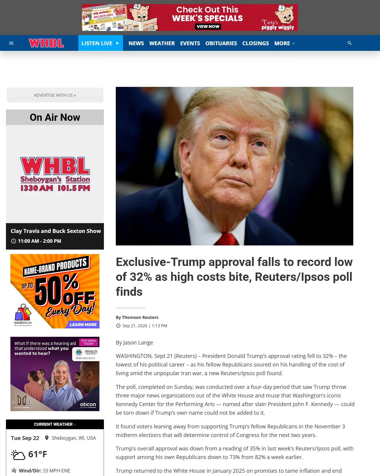 whbl.com as published: Exclusive-Trump approval falls to record low of 32% as high costs bite, Reuters/Ipsos poll finds