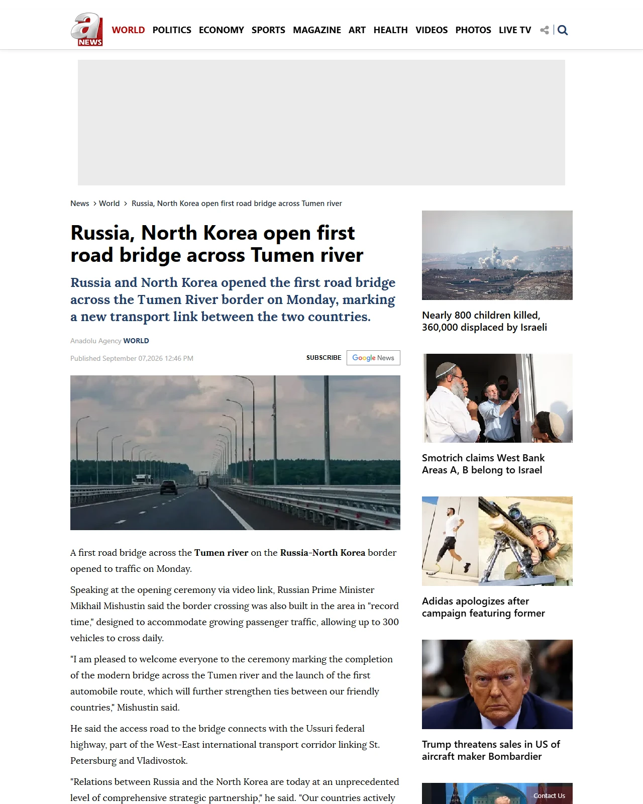 anews.com.tr as published: Russia, North Korea open first road bridge across Tumen river