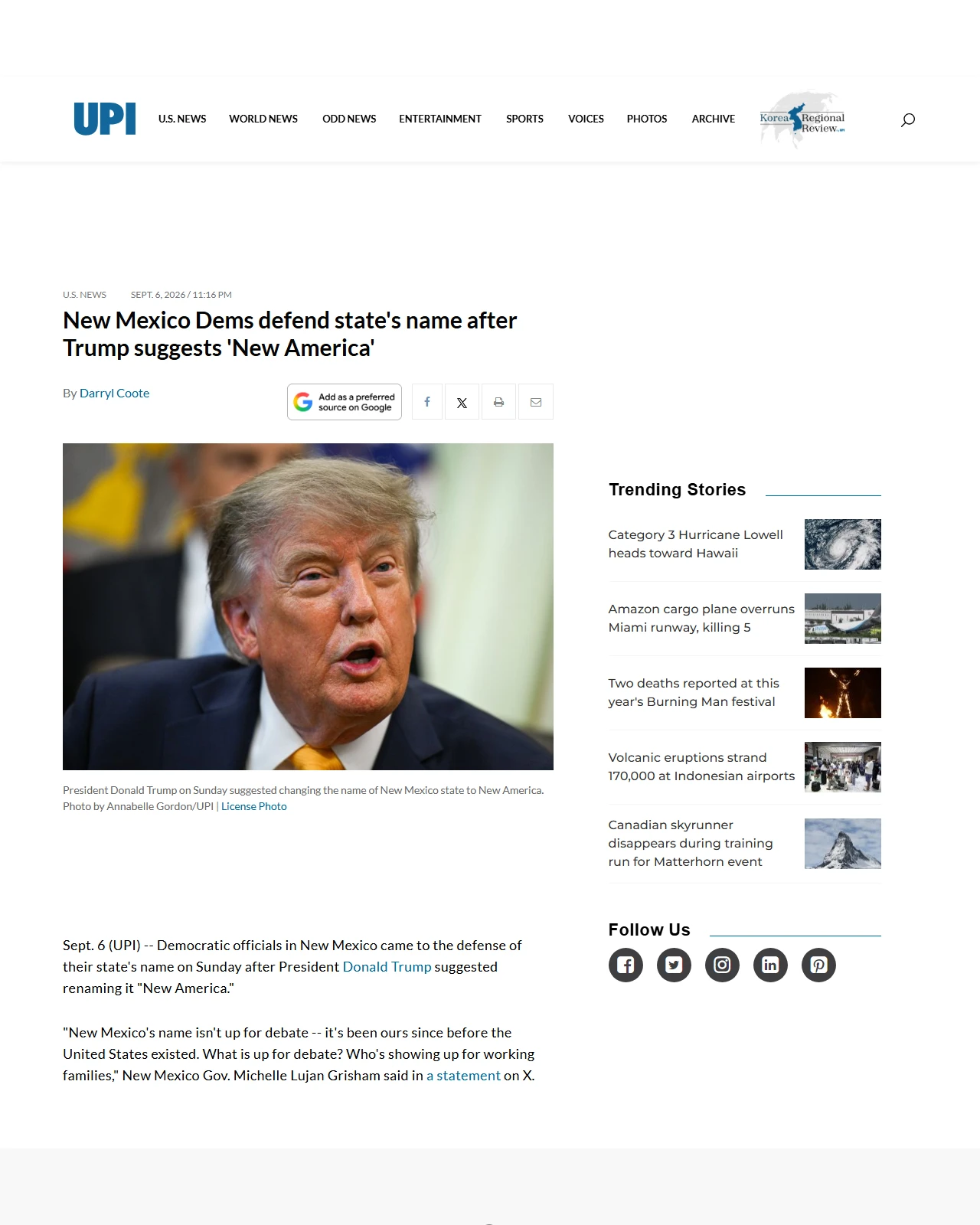 upi.com as published: New Mexico Dems defend state's name after Trump suggests 'New America'