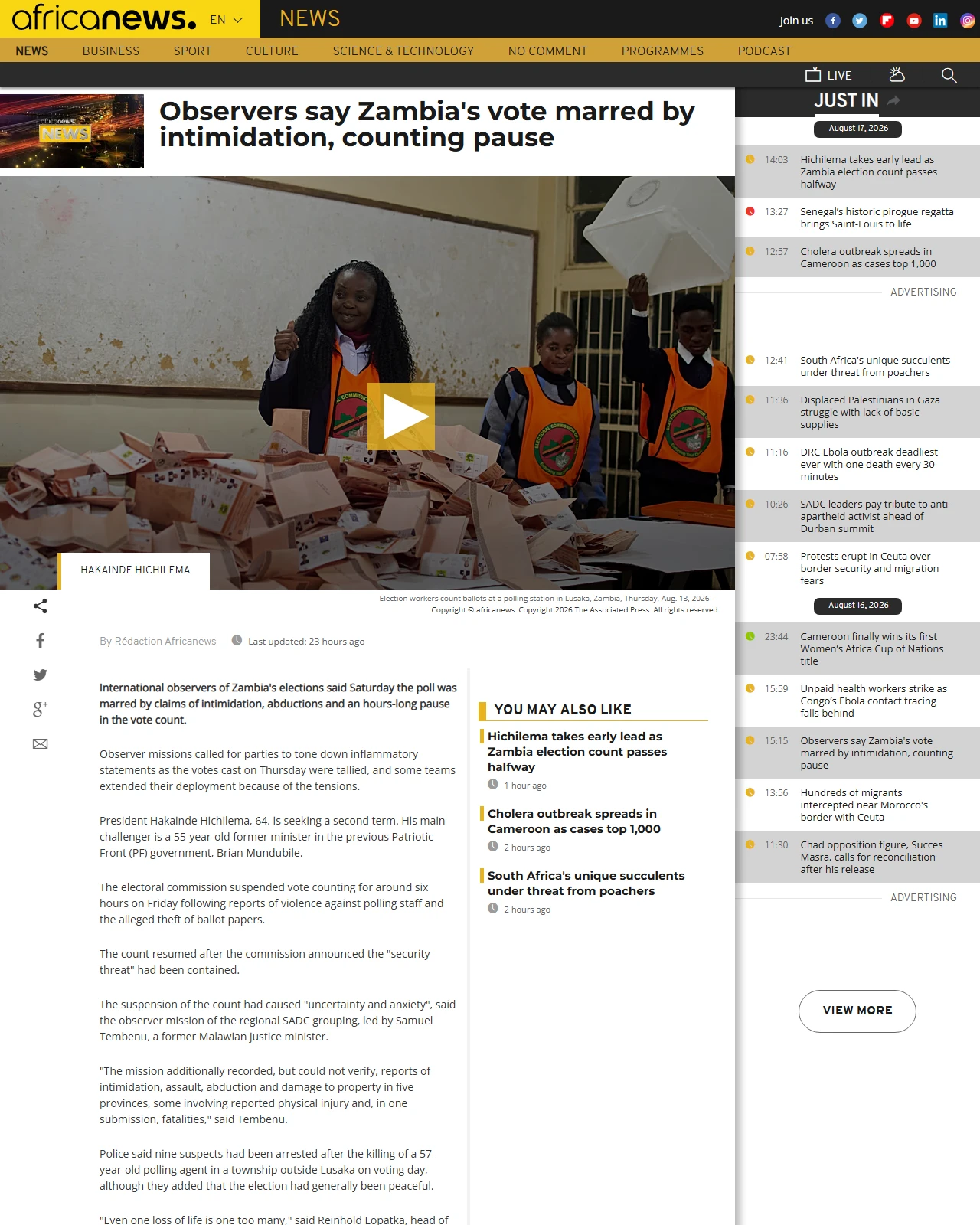 africanews.com as published: Observers say Zambia's vote marred by intimidation, counting pause